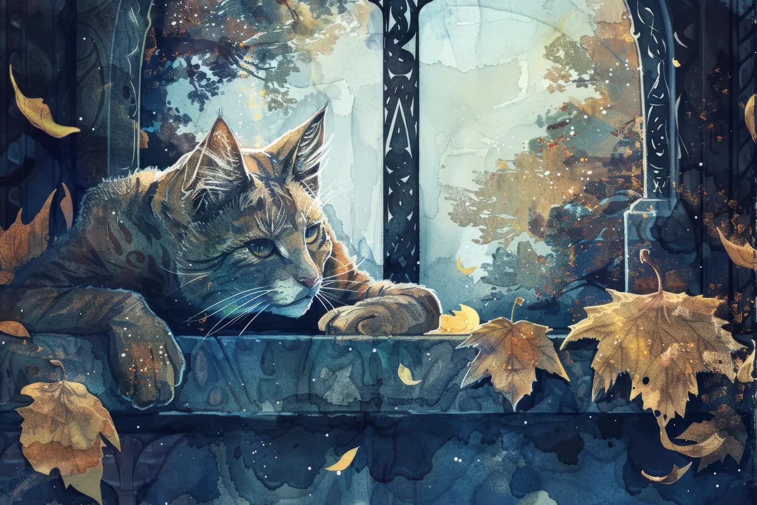 Chat roux à la fenêtre aux feuilles d'automne