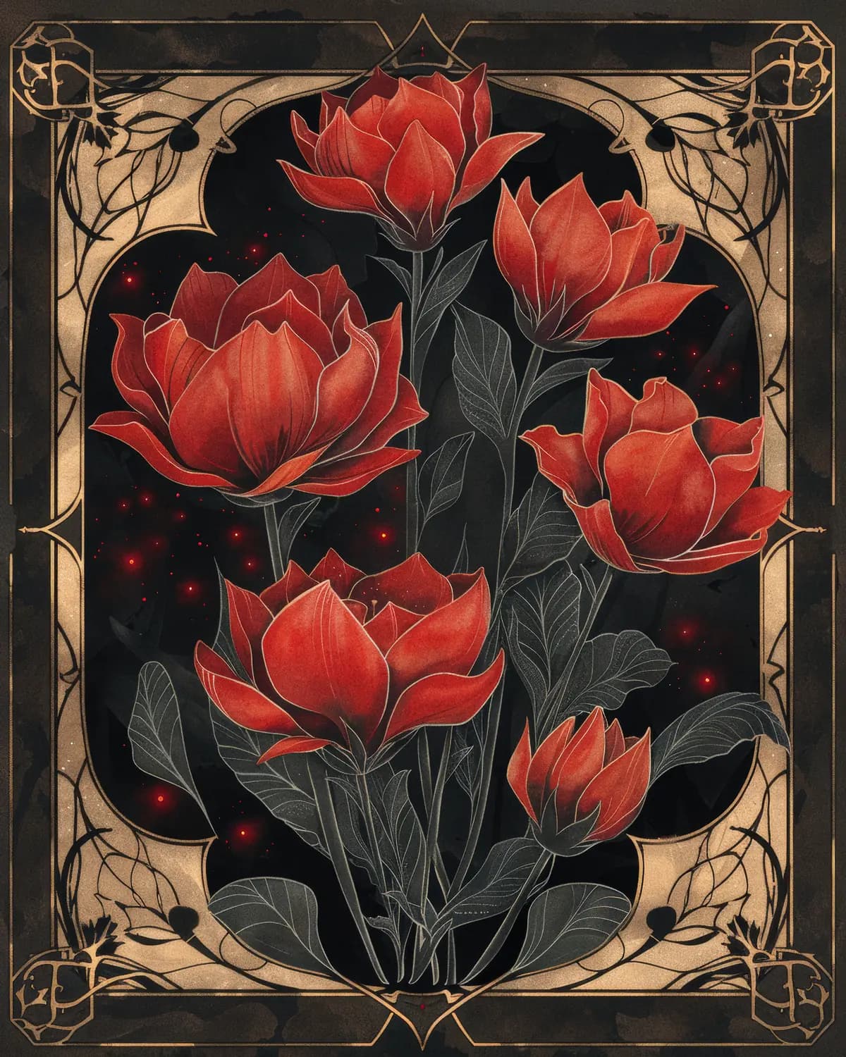 Tulipes Écarlates sur Fond de Nuit