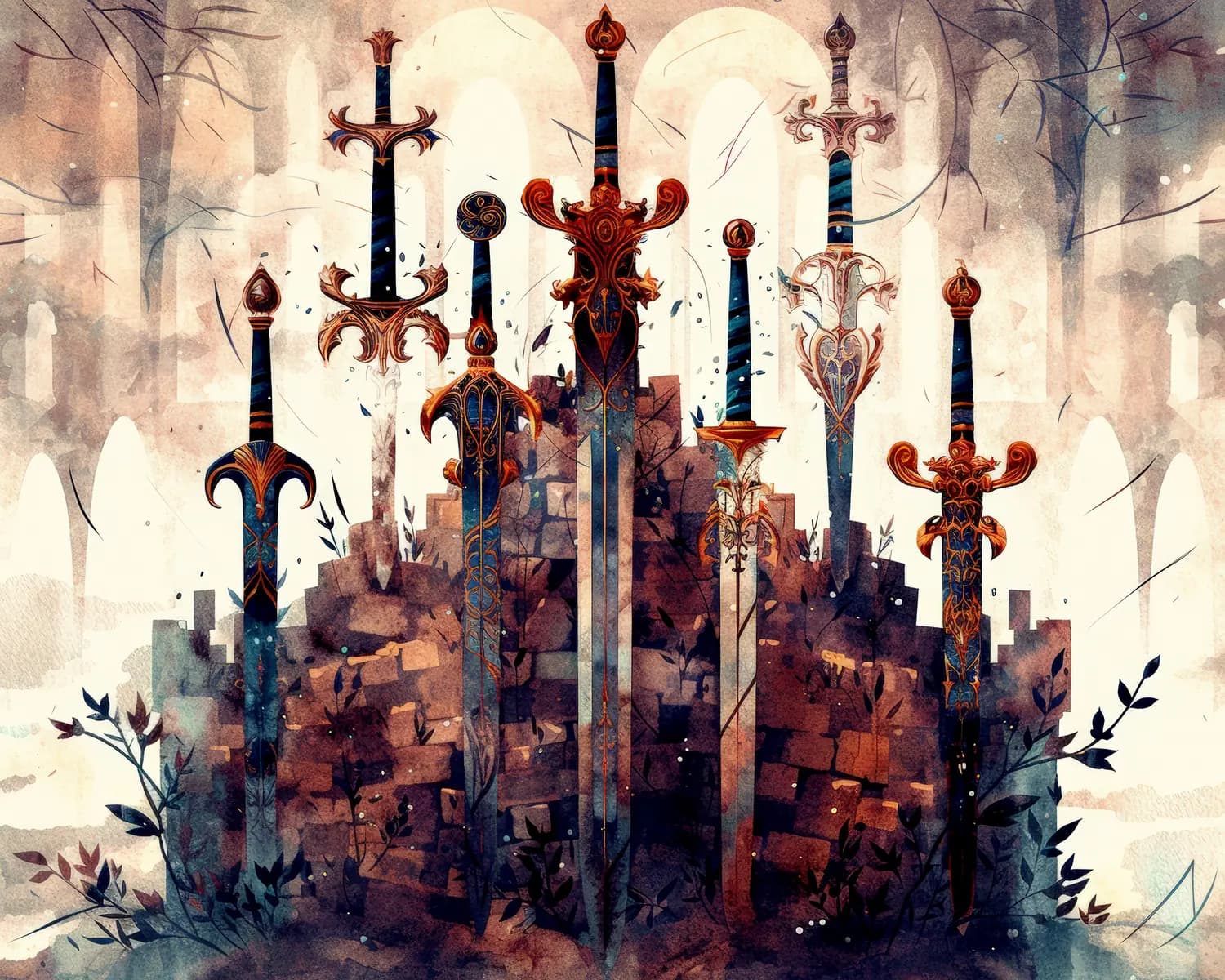 Sept Épées Ornées sur les Ruines d'une Forteresse