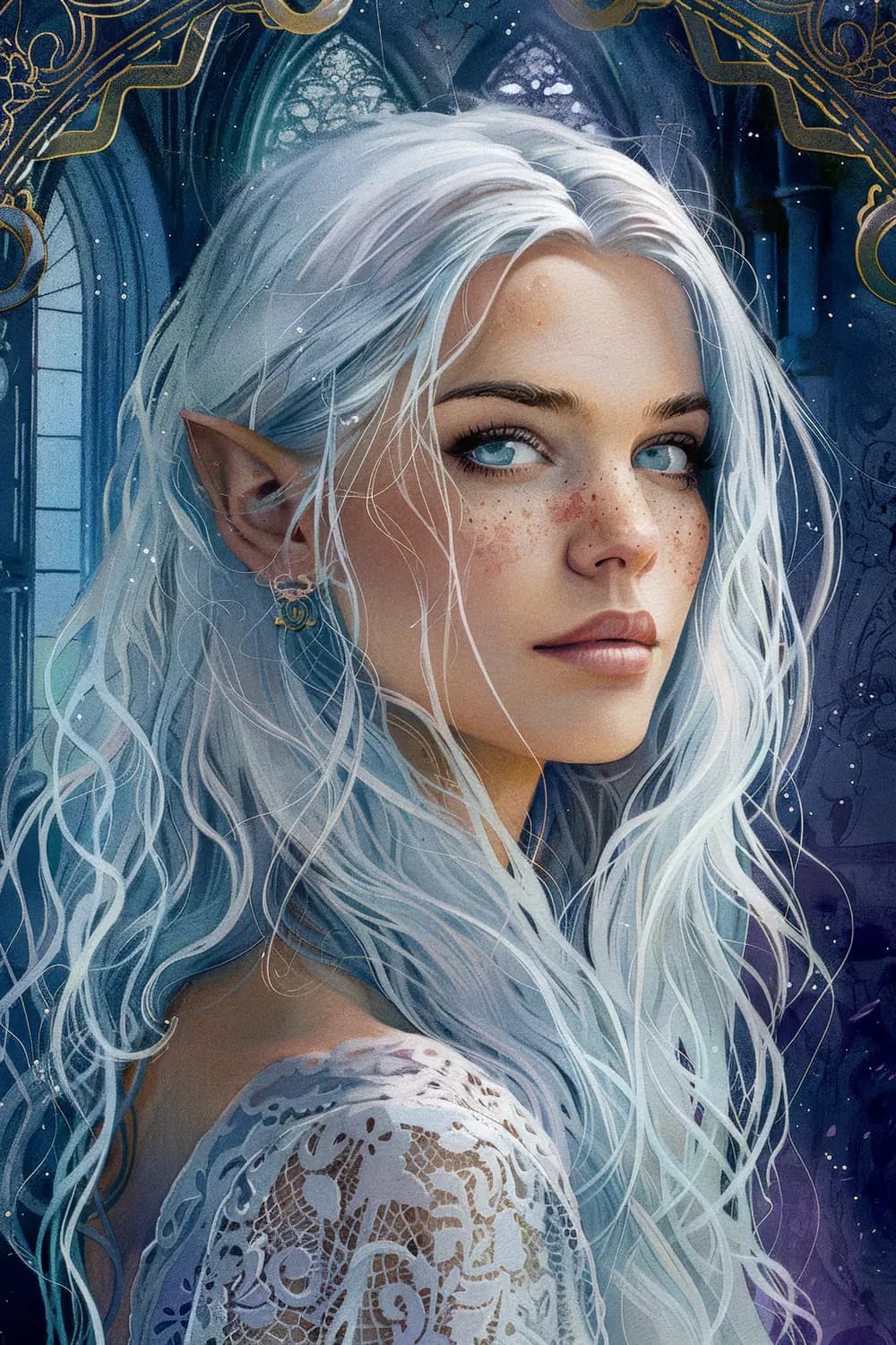 Elfe aux Cheveux d'Argent dans un Château Mystique