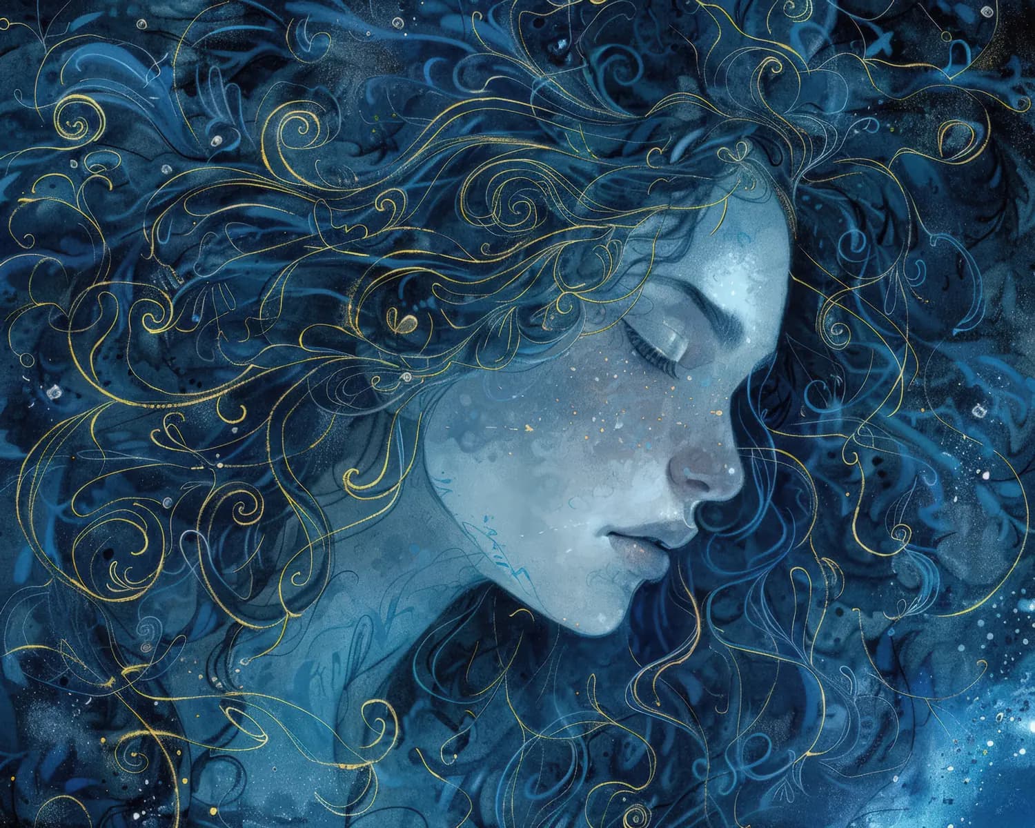 Femme endormie aux cheveux tourbillonnants et dorés