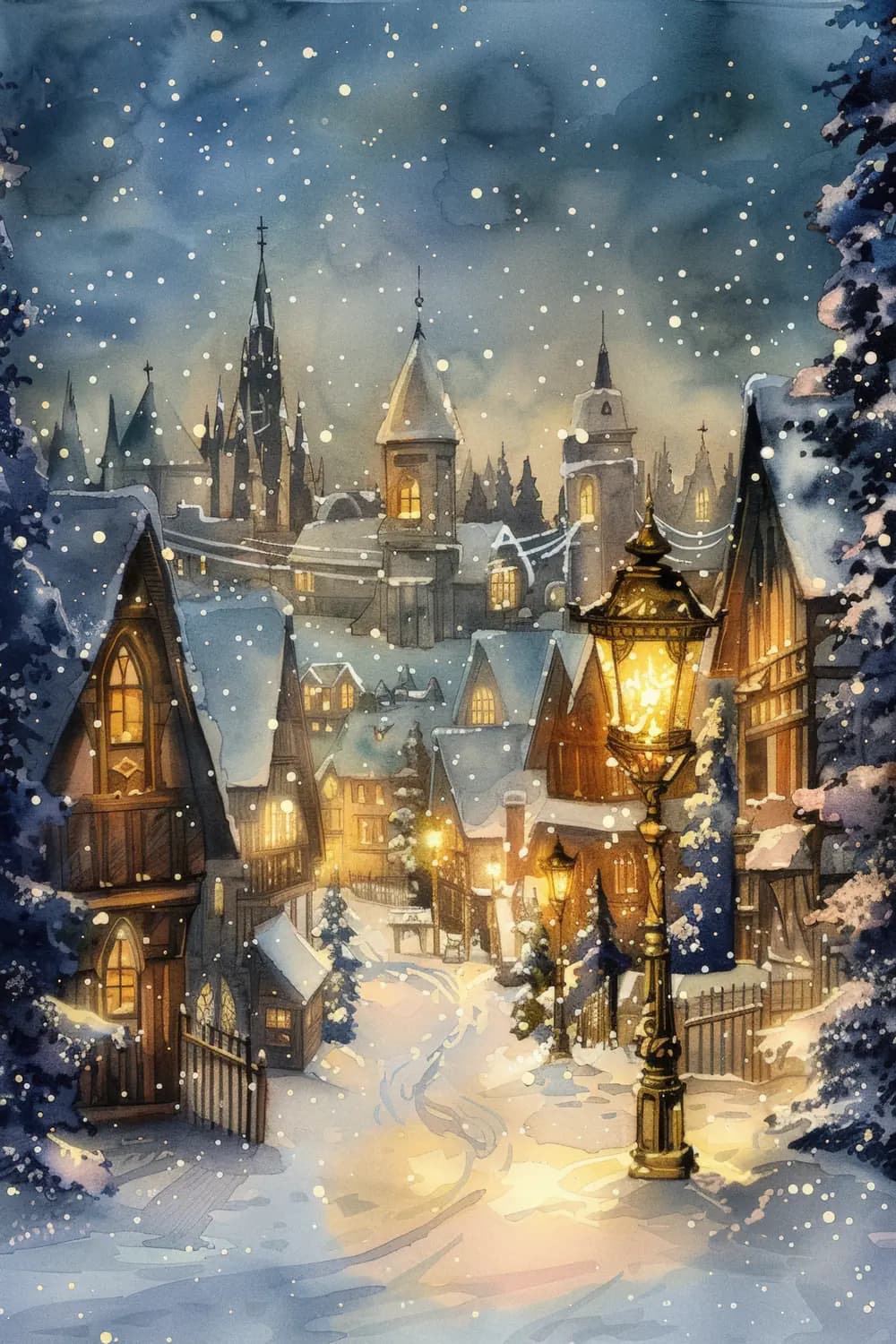 Village Hivernal sous la Neige au Clair de Nuit