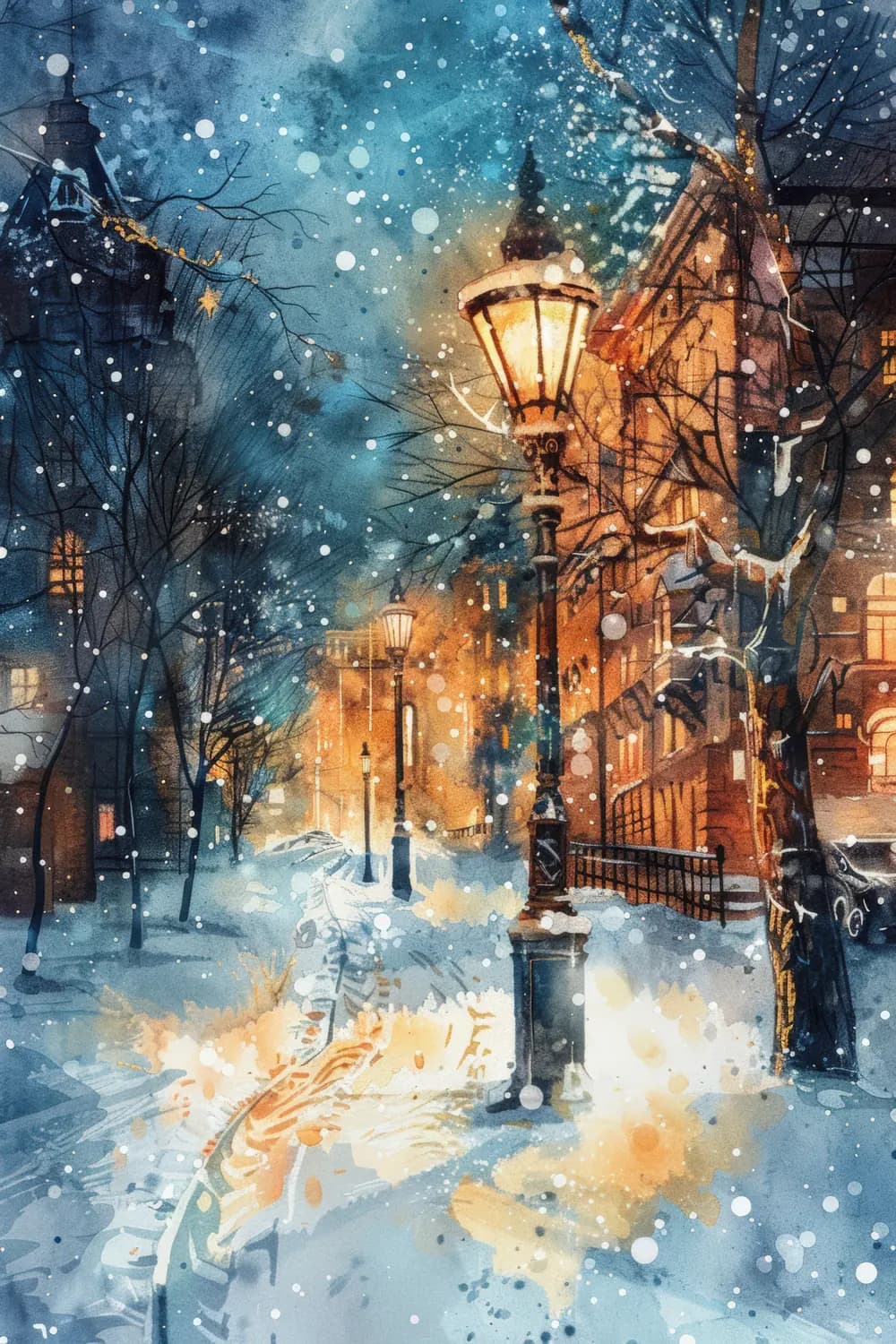Nuit d'hiver enneigée sous les réverbères