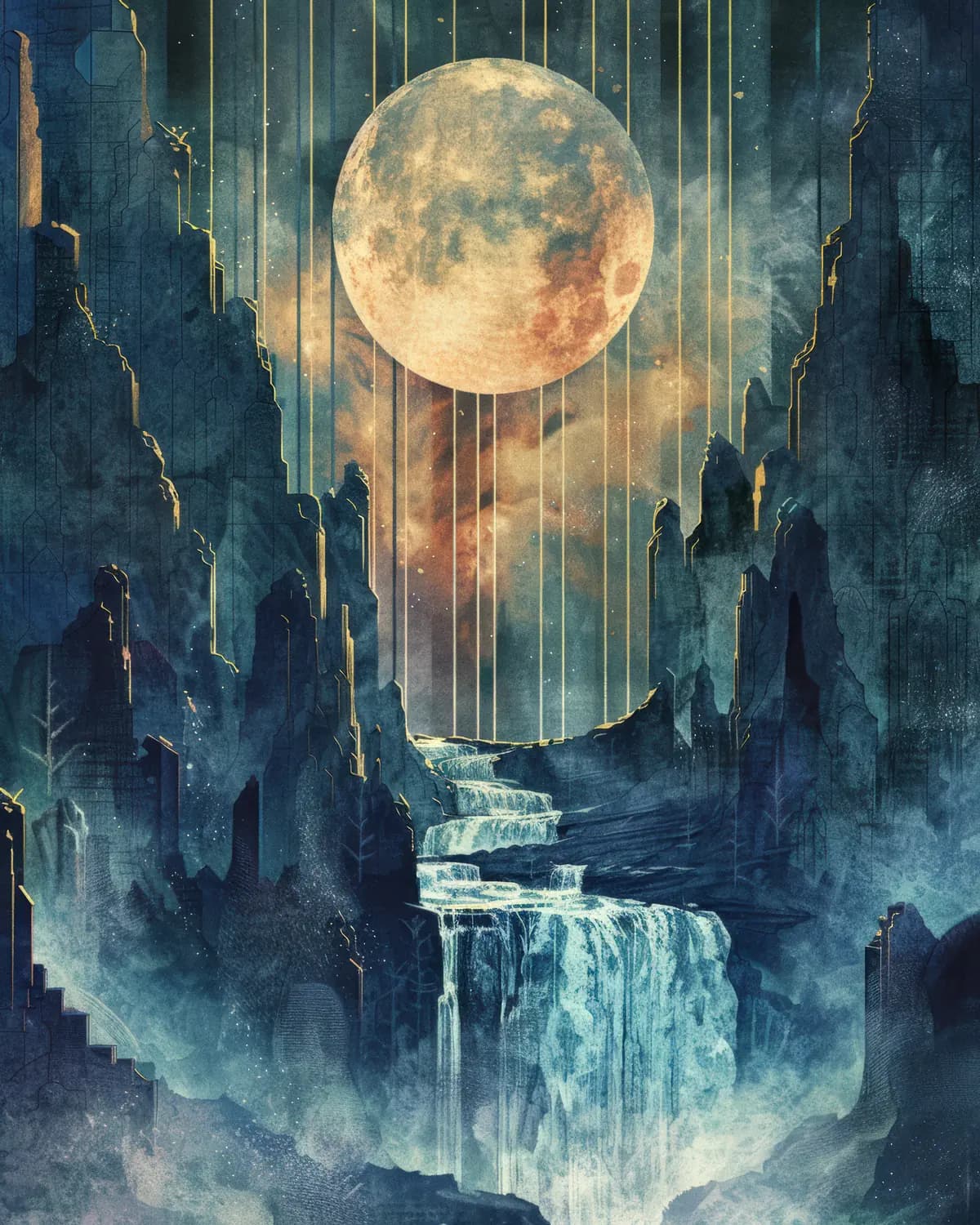 La Lune Souveraine sur les Cascades d'Obsidienne