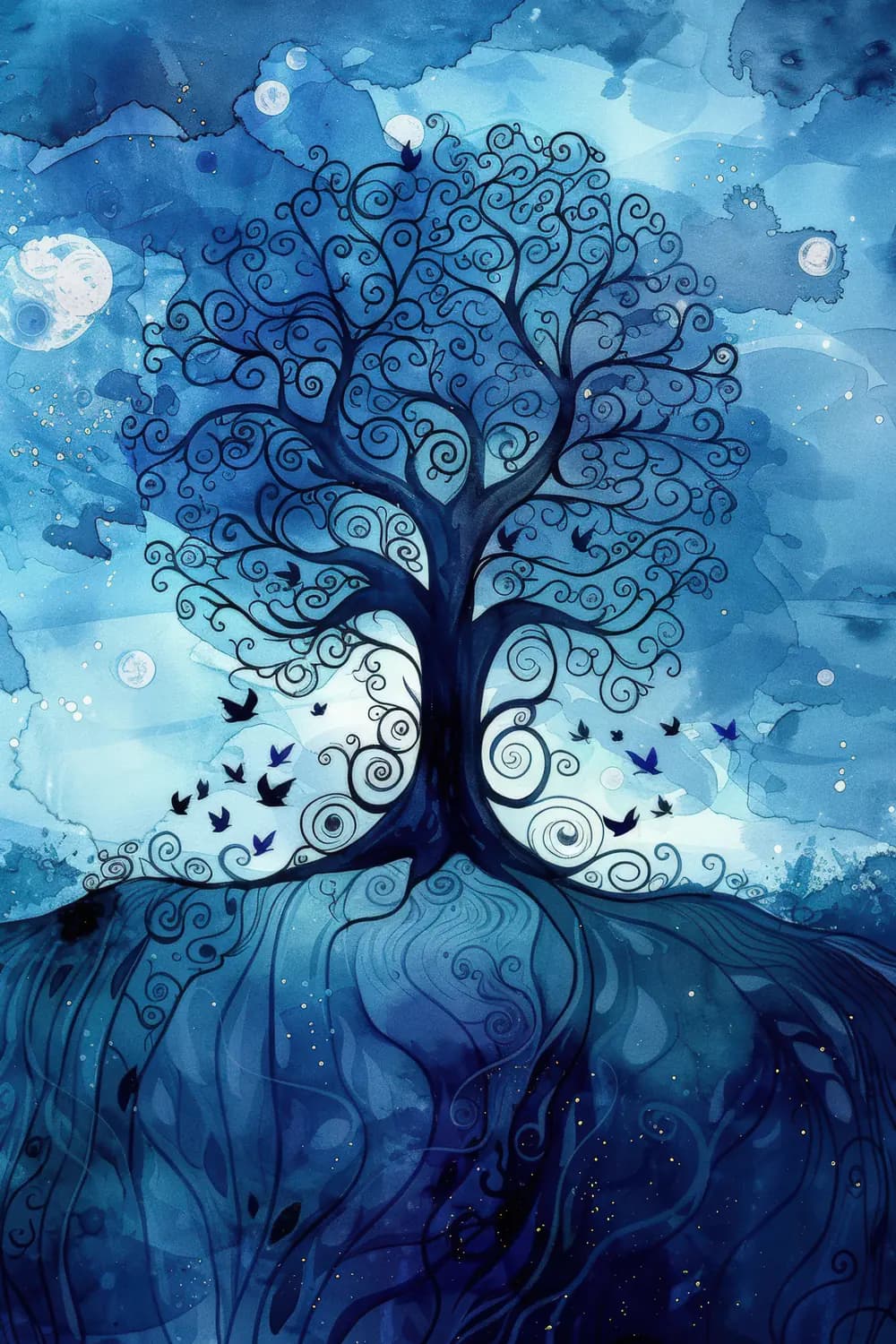 Arbre aux Spirales sous un Ciel d'Encre Bleue