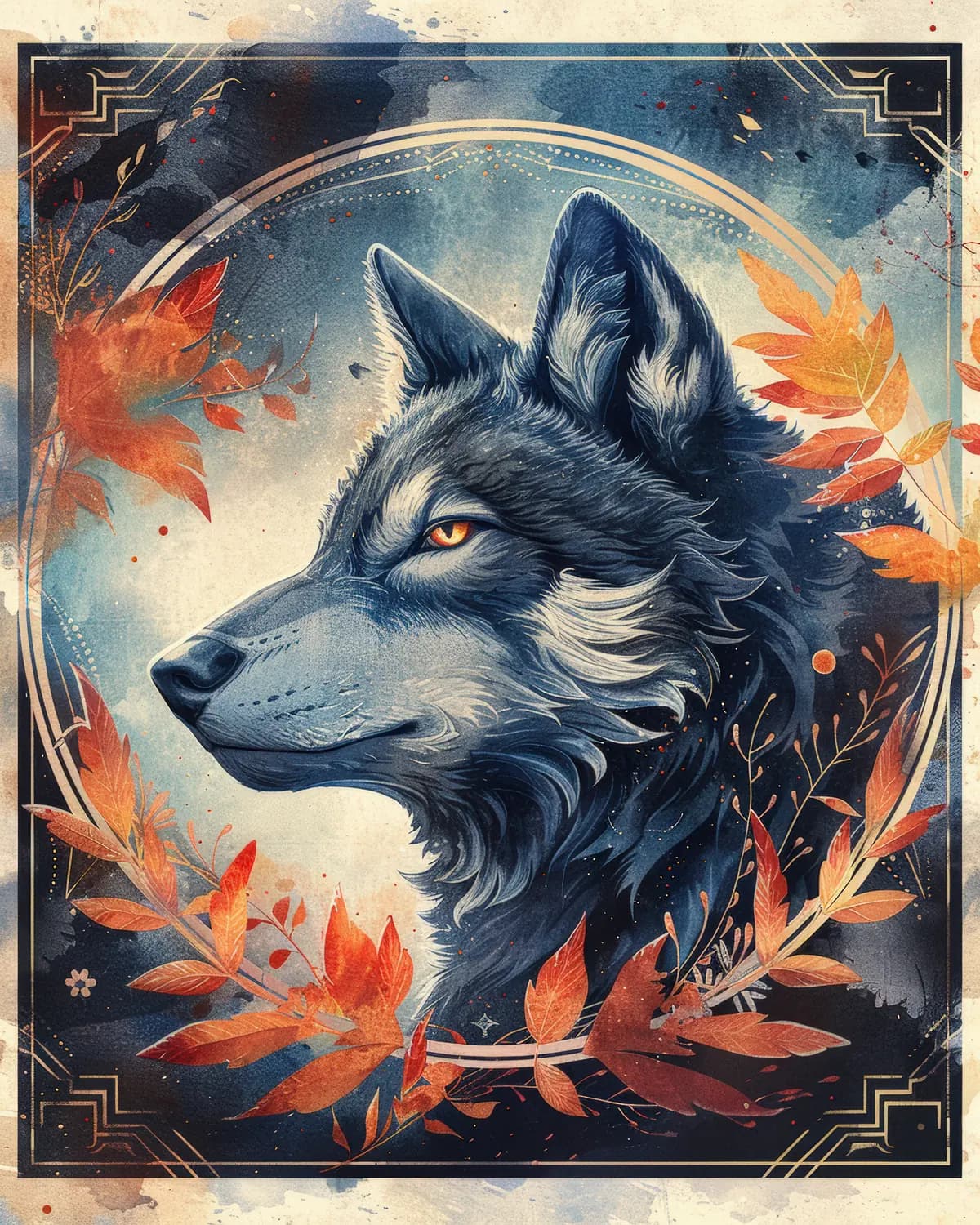 Loup Bleu aux Feuilles d'Automne Flamboyantes