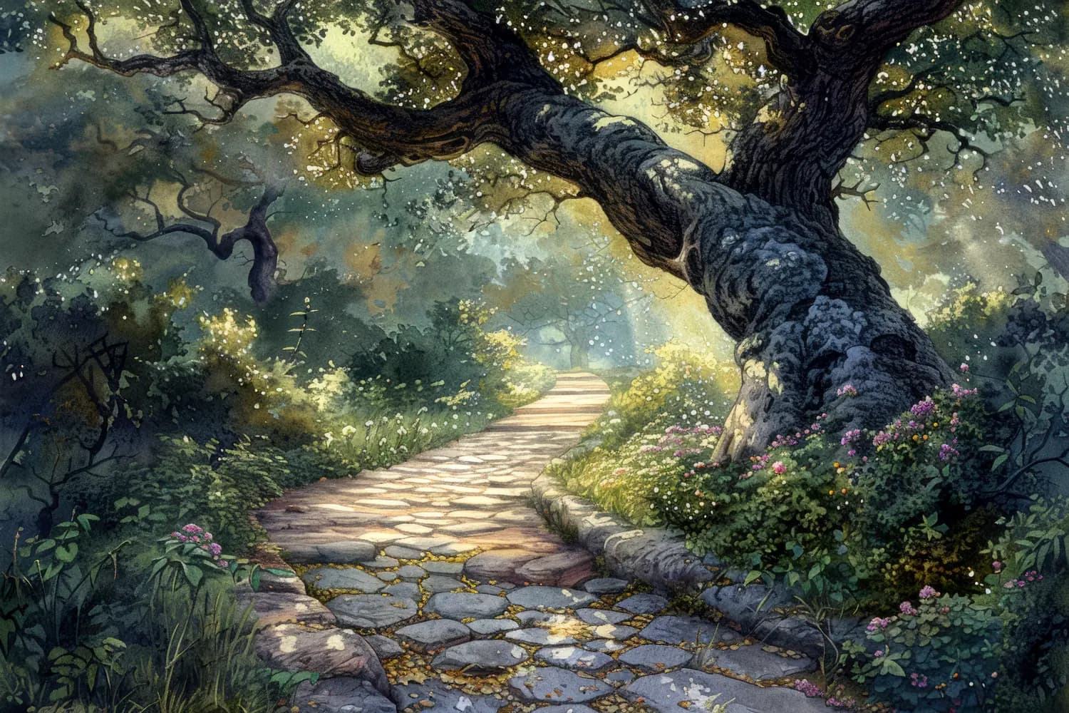Sentier de pierres sous un vieux chêne enchanté