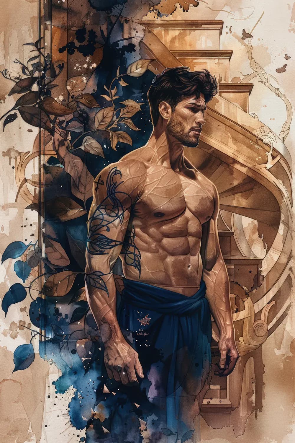 Homme Tatoué aux Feuilles Bleues et Dorées