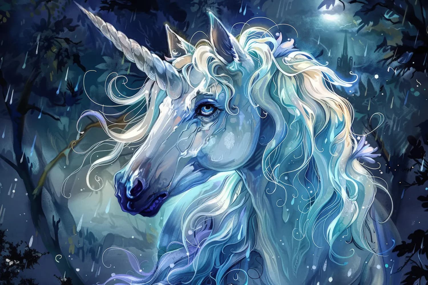 La Licorne Bleue sous la Pluie Nocturne