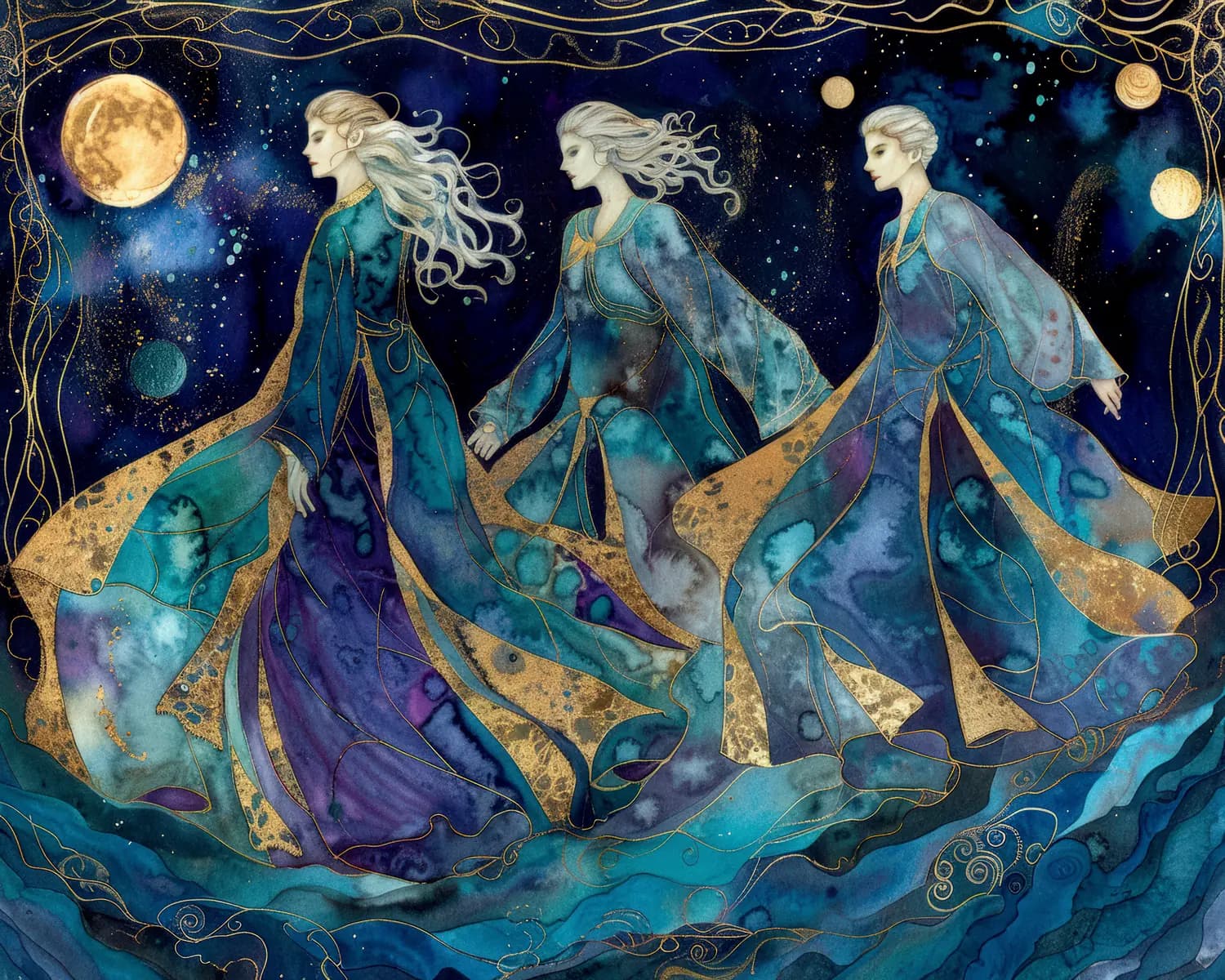 Trois Figures Célestes Dansant sous la Lune