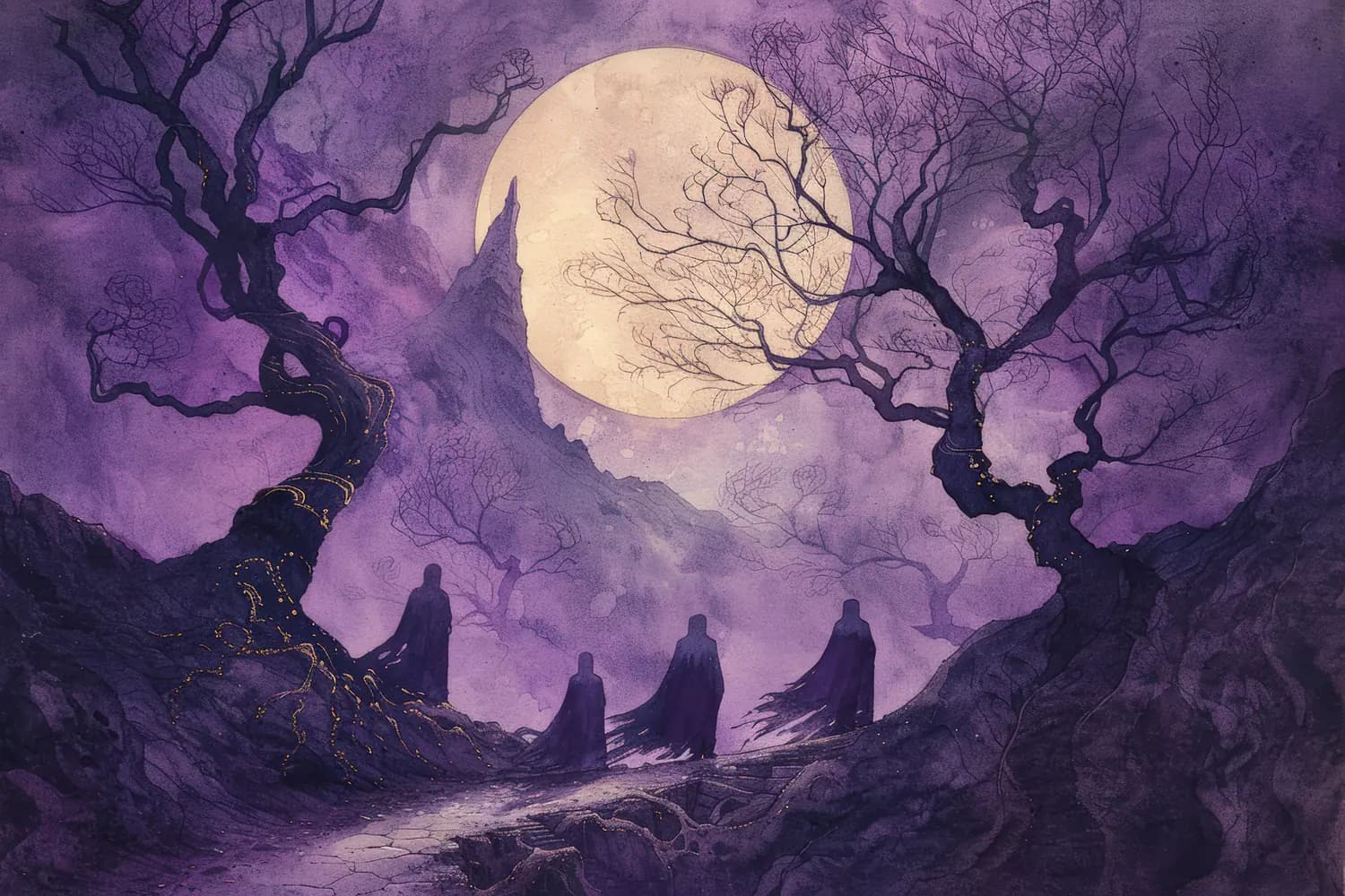 Trois Silhouettes sous la Lune Pourpre