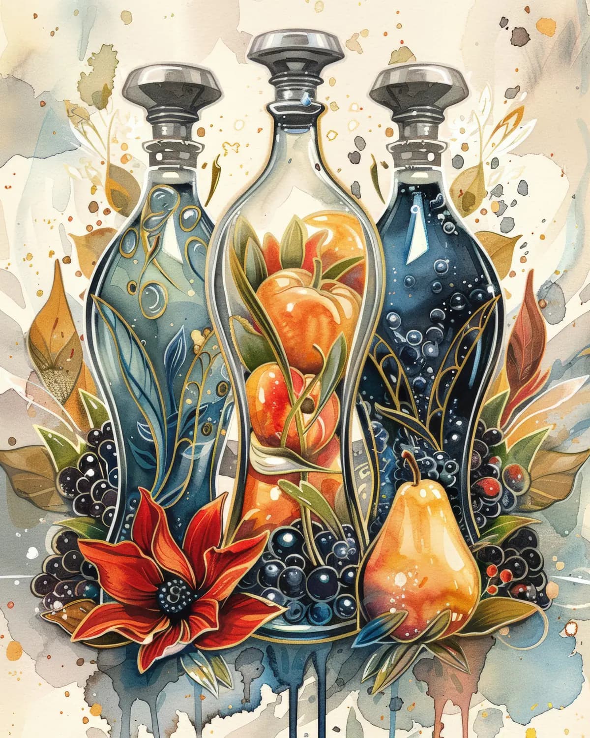 Trois Carafes aux Fruits et Fleurs Sauvages