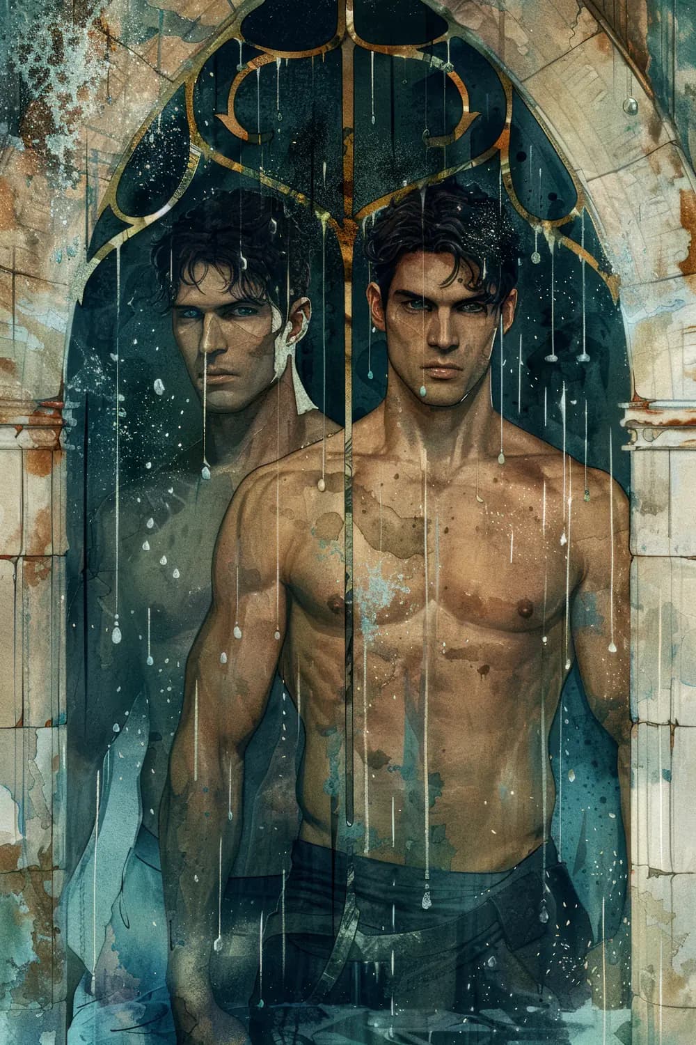 Deux Hommes sous l'Arche Gothique Ruisselante