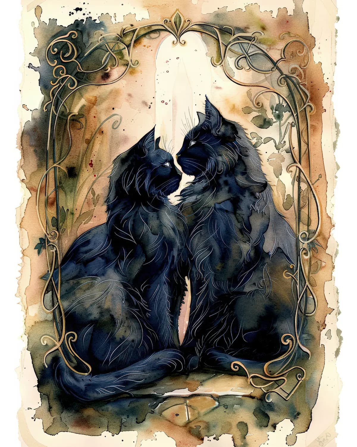 Deux Chats Noirs Enlacés Sous un Halo Lunaire