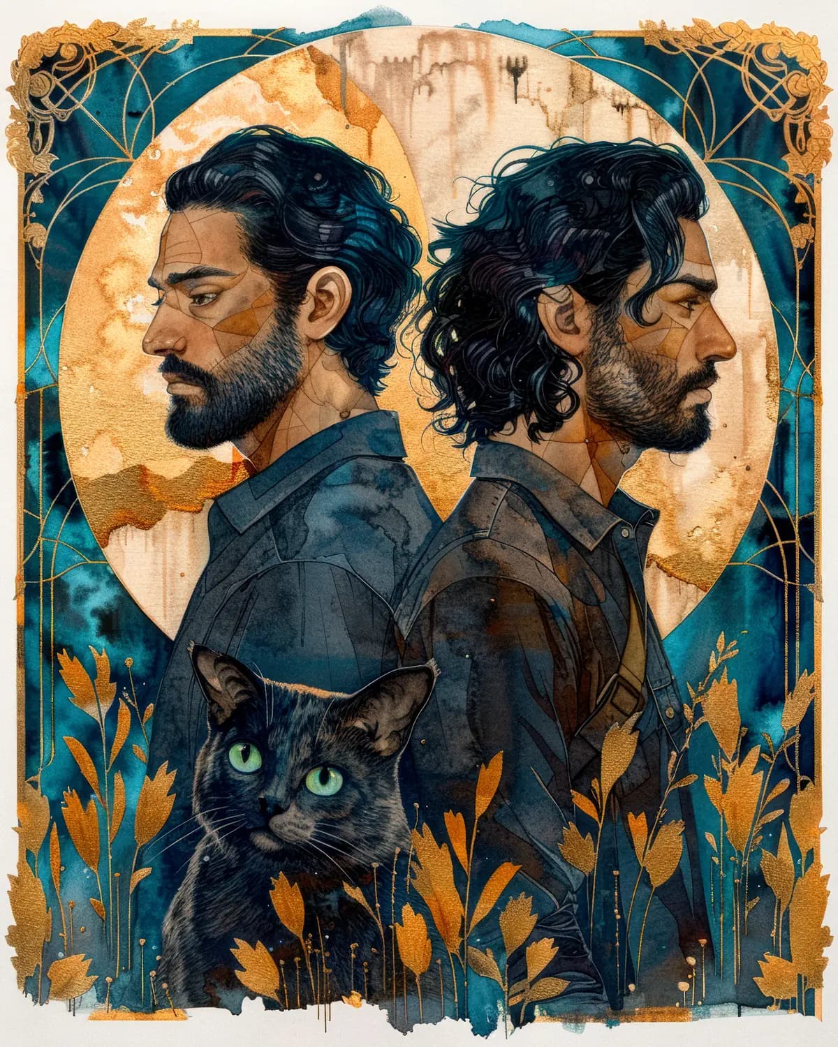 Deux Hommes, un Chat Noir aux Yeux Verts