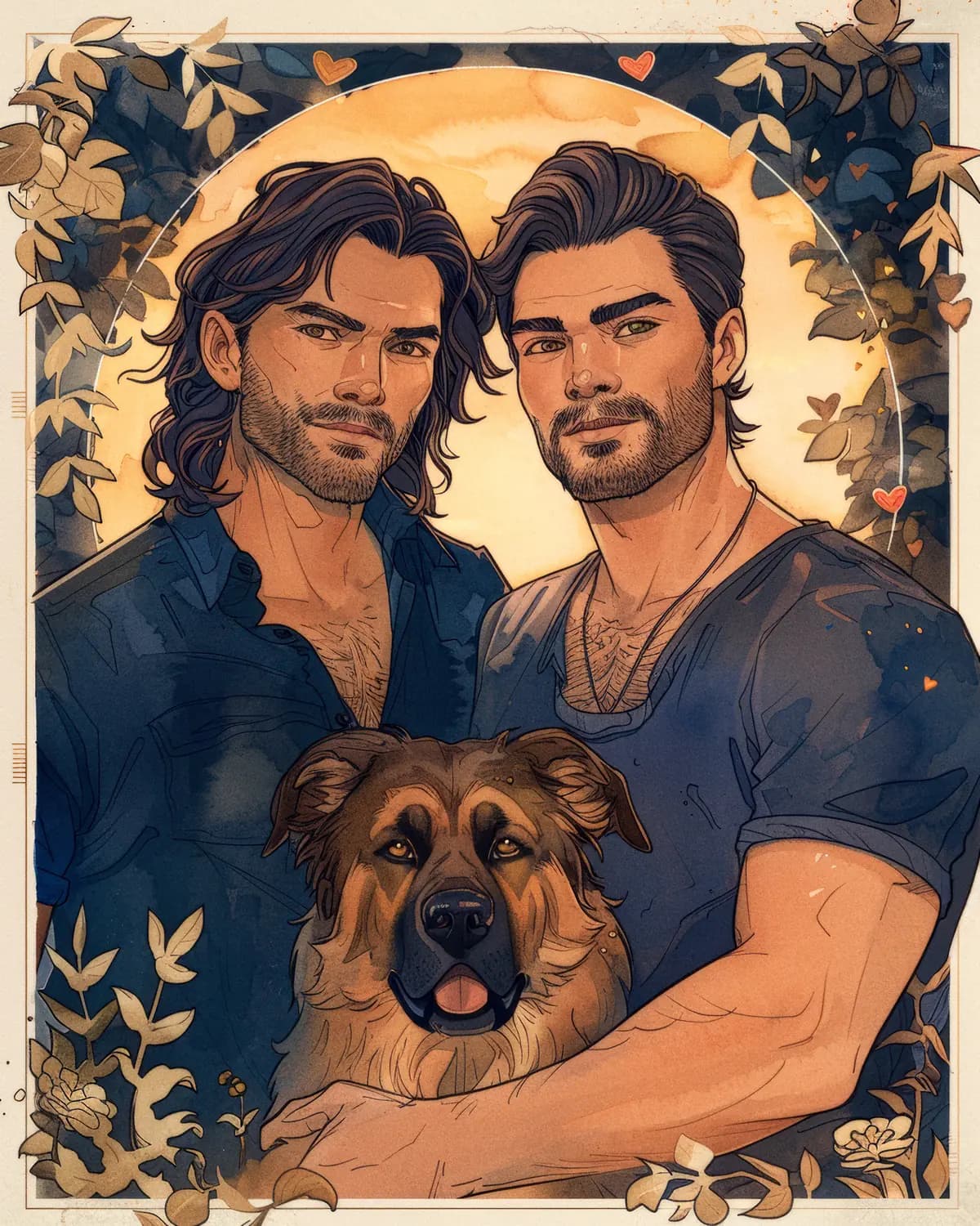 Deux Hommes et leur Chien sous la Lune Dorée