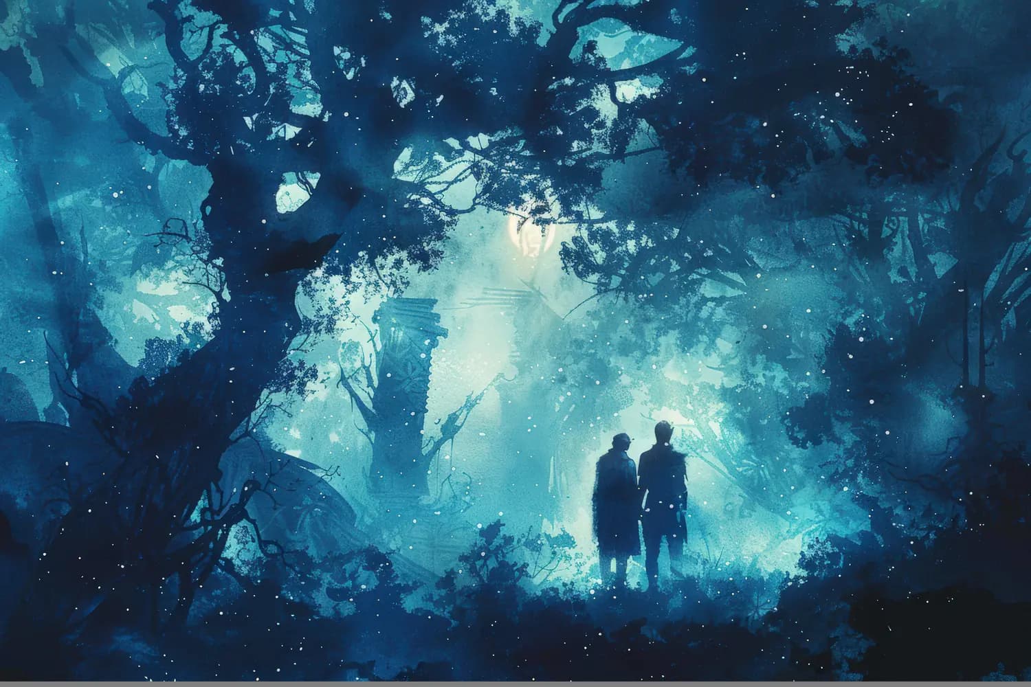 Deux Silhouettes au Seuil d'une Forêt Enchantée
