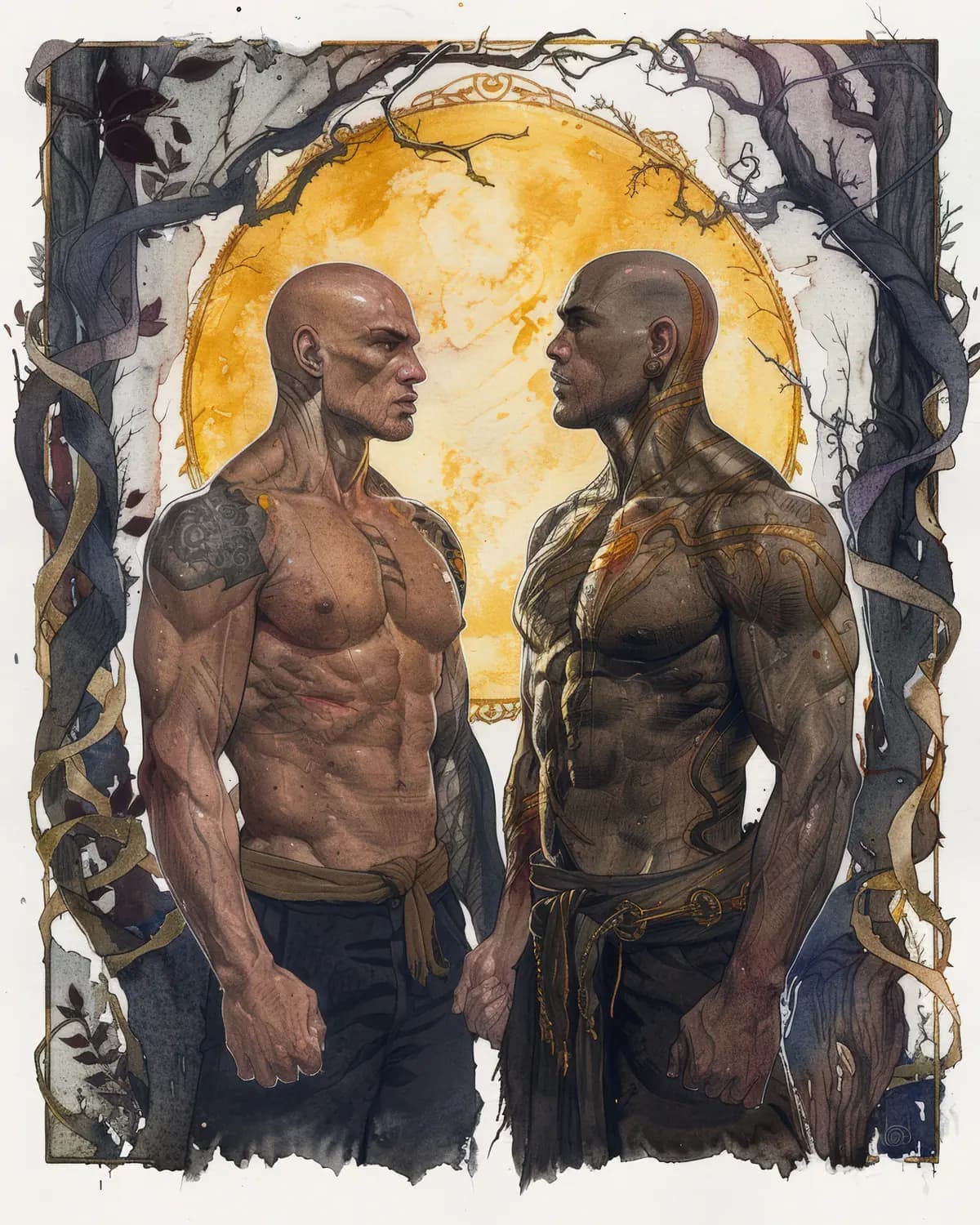 Deux Guerriers Face à Face sous la Lune Dorée