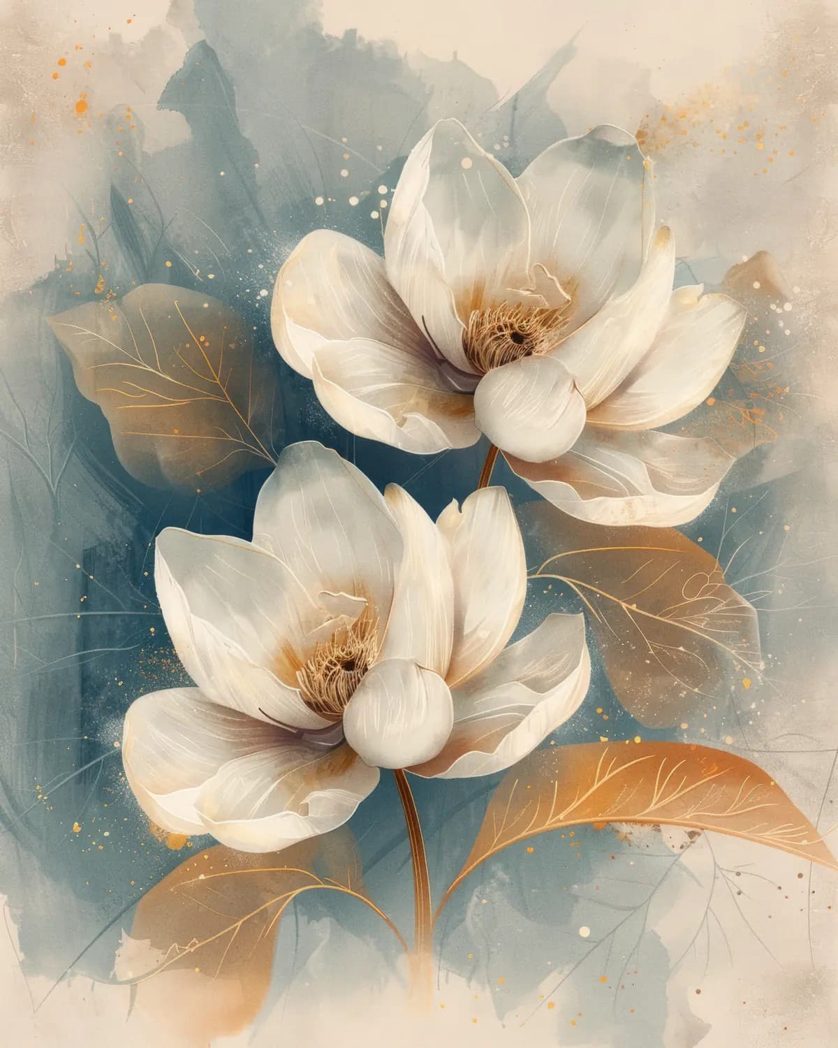 Deux Magnolias Blancs aux Reflets Dorés