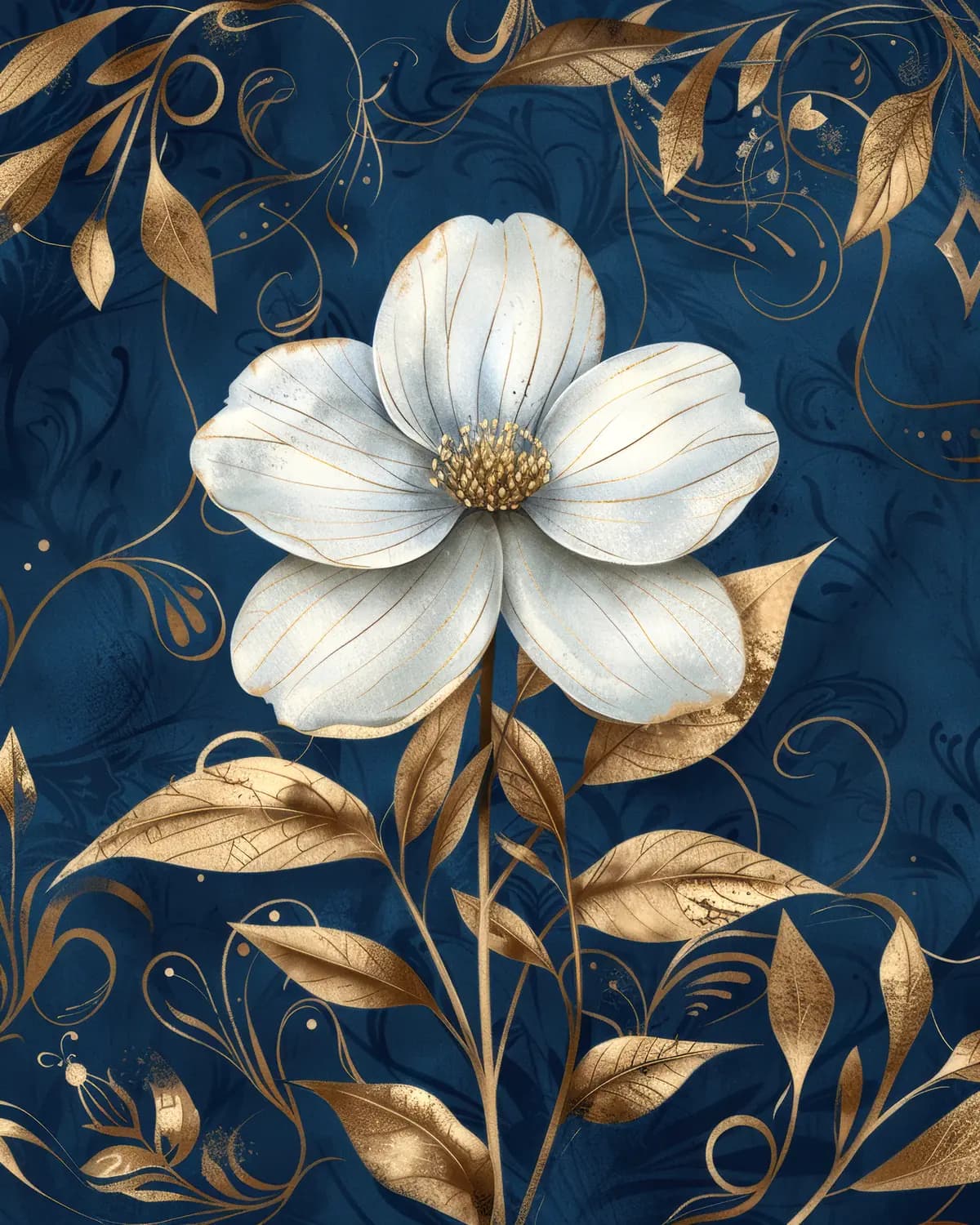 Fleur Blanche et Feuillage Doré sur Bleu Nuit