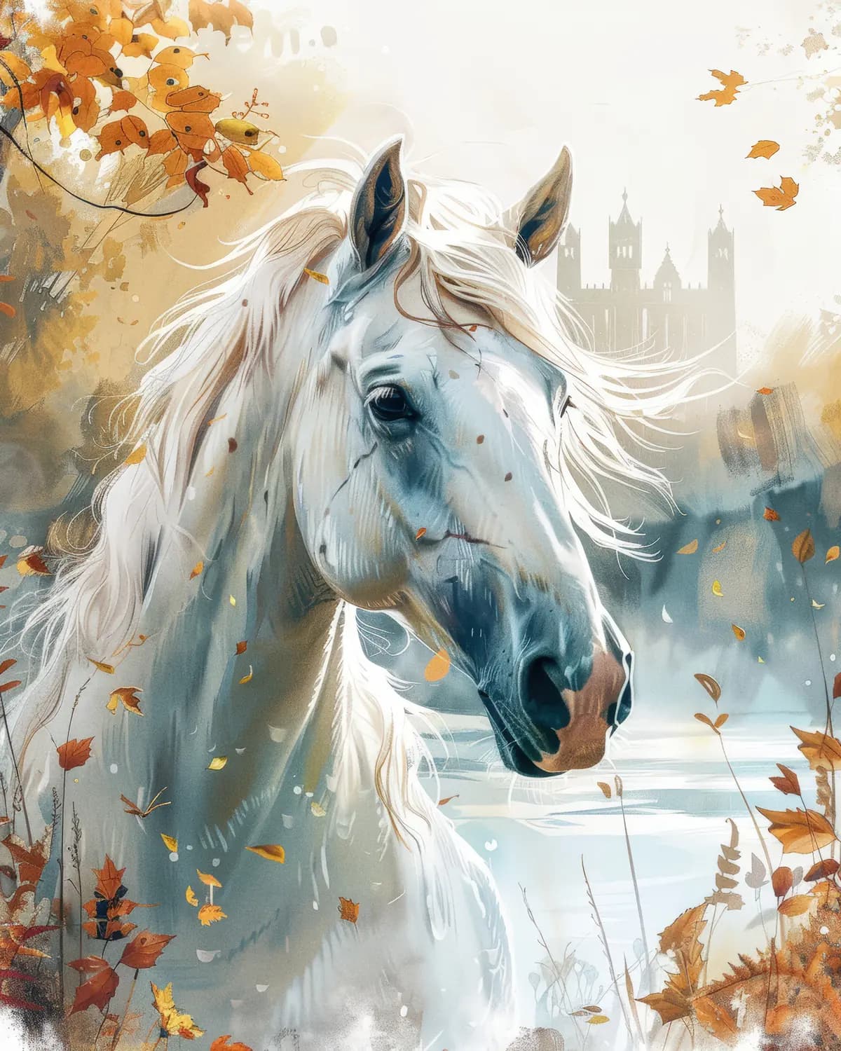 Cheval Blanc aux Feuilles d'Automne Dorées