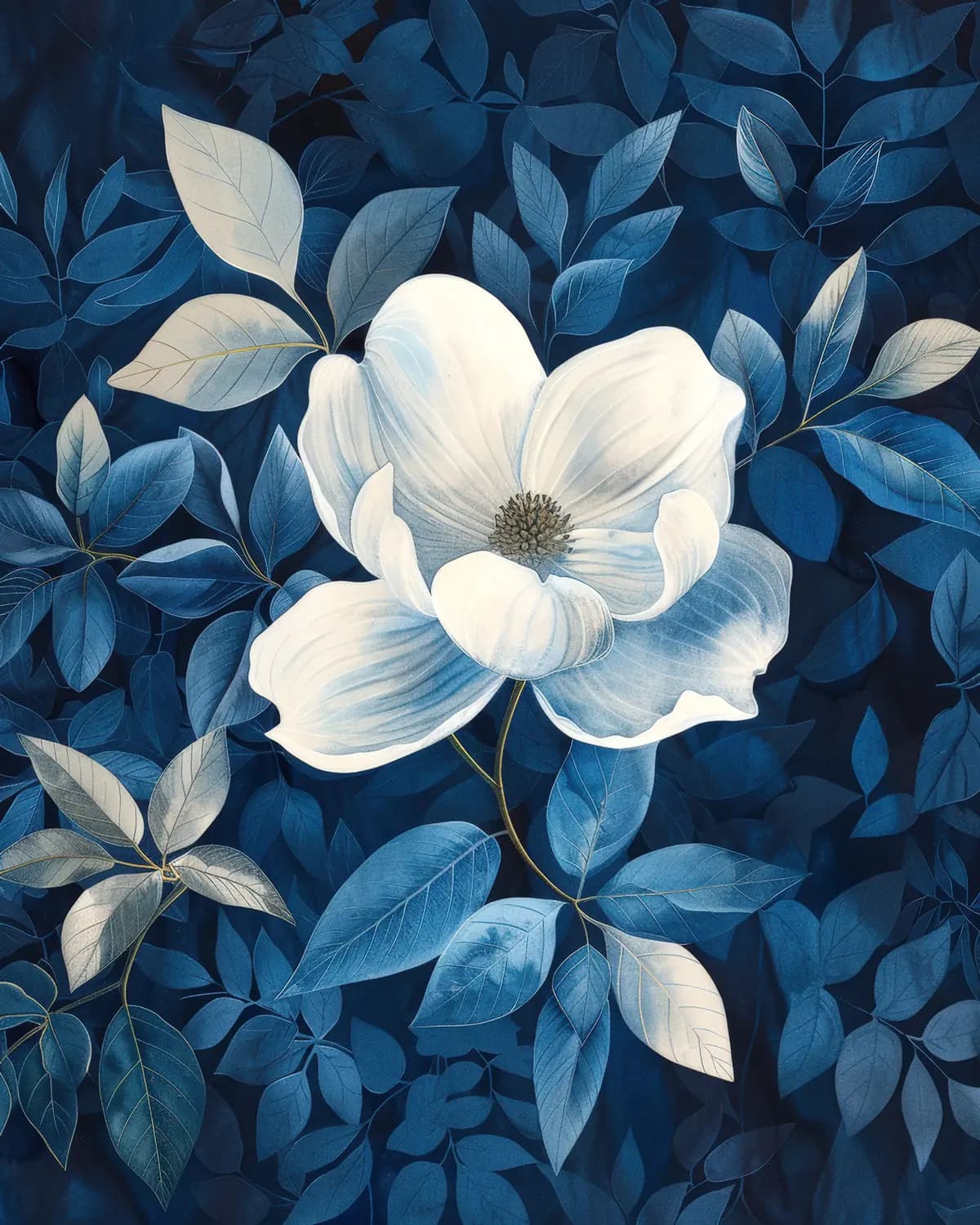 Magnolia Blanc sur Fond de Feuilles Bleues