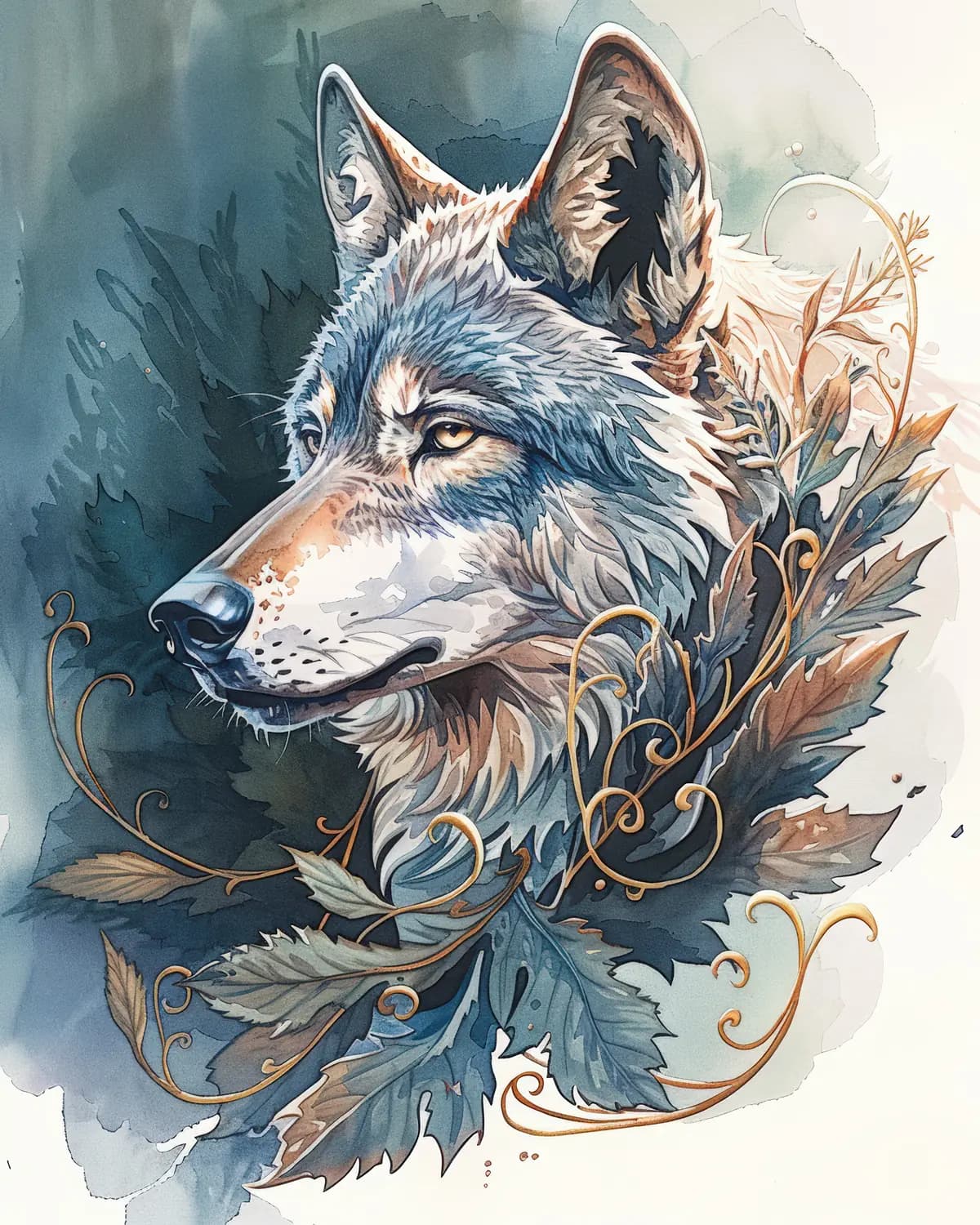 Portrait de Loup Sauvage aux Arabesques Dorées