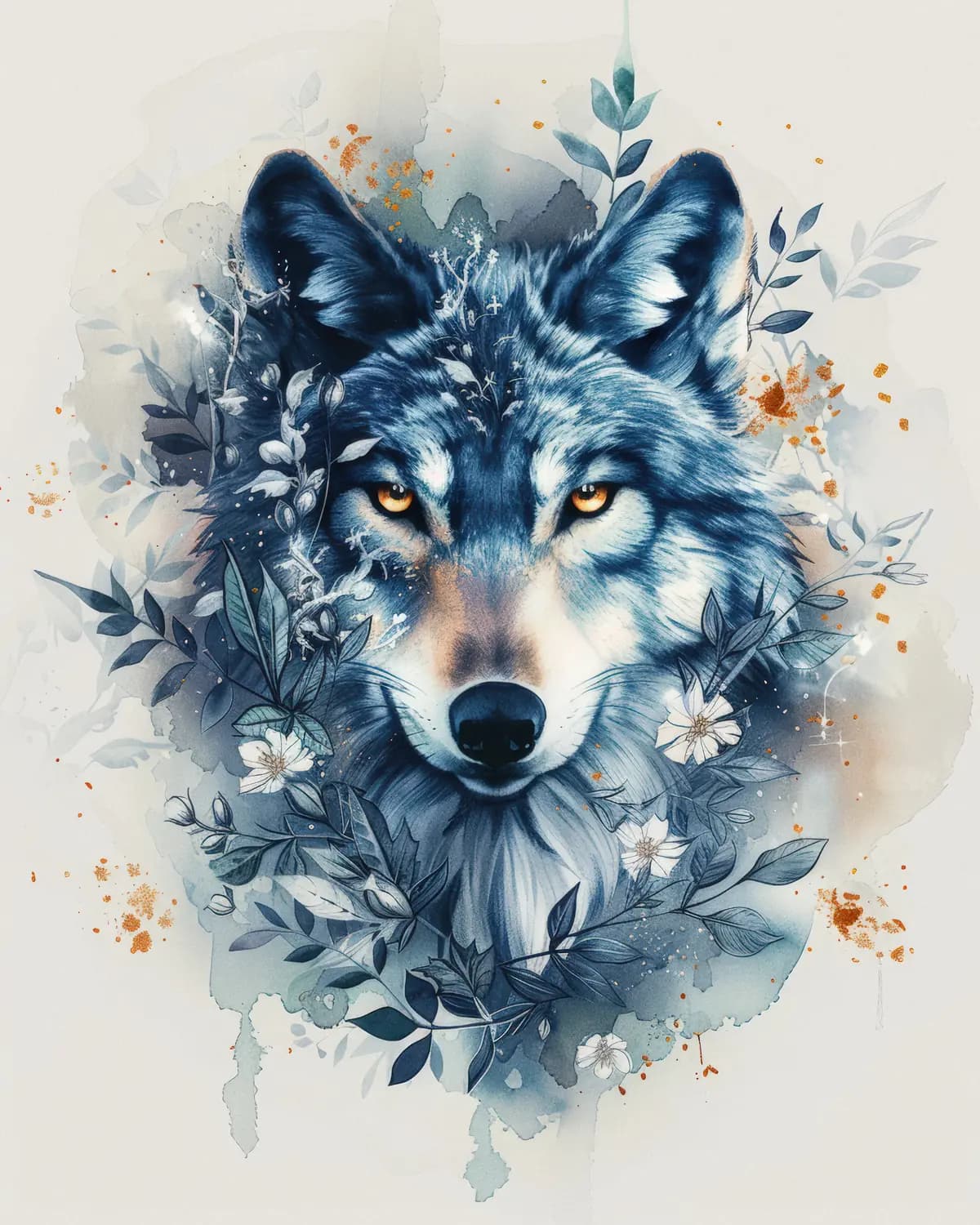 Loup Sauvage aux Yeux Dorés et Fleurs Bleues