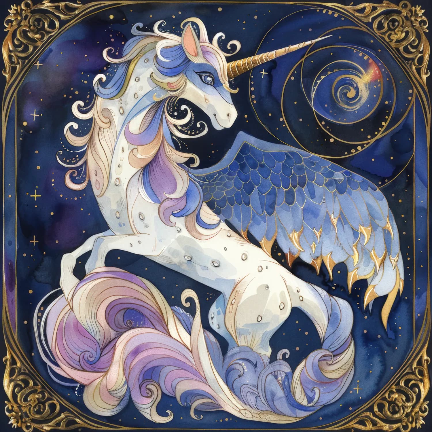 Licorne Ailée aux Spirales Célestes Dorées