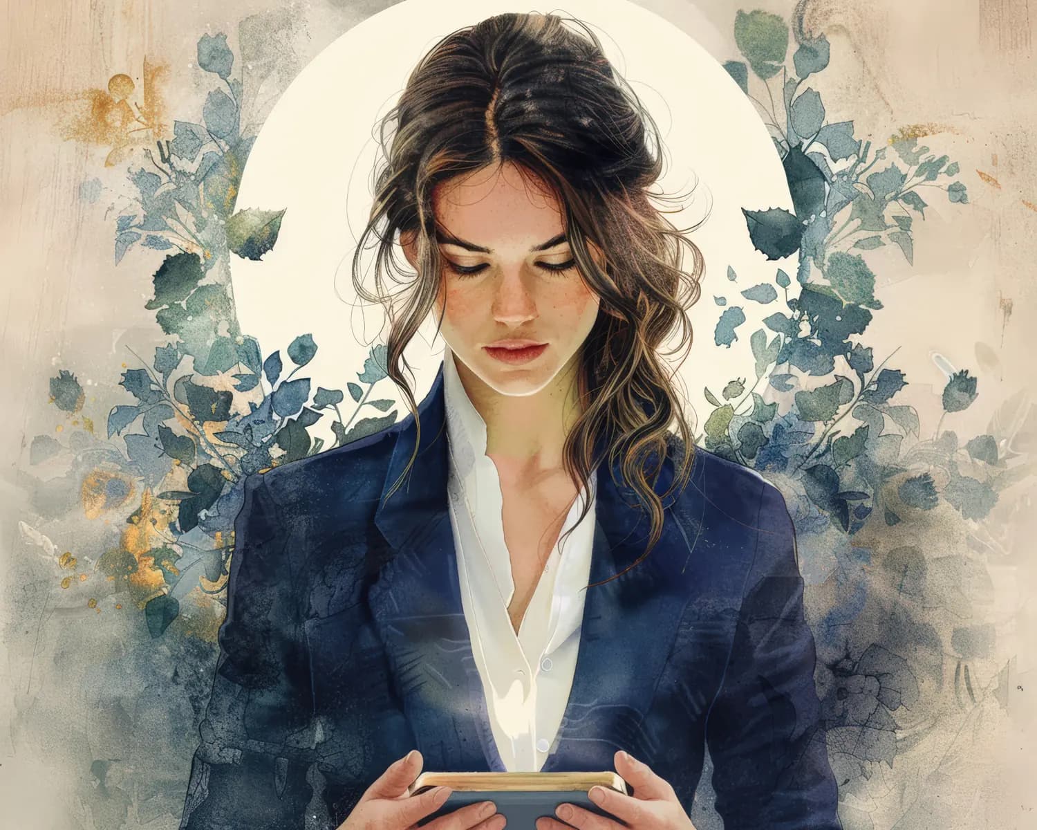 Femme en veston consultant son téléphone