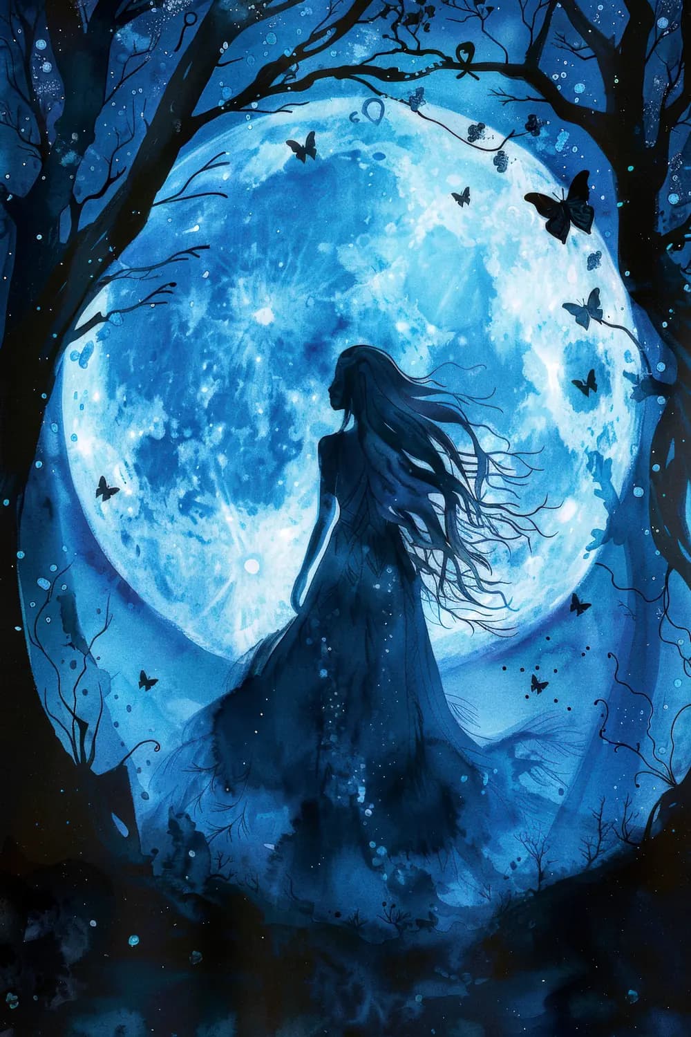 Silhouette de Femme sous la Lune Bleue