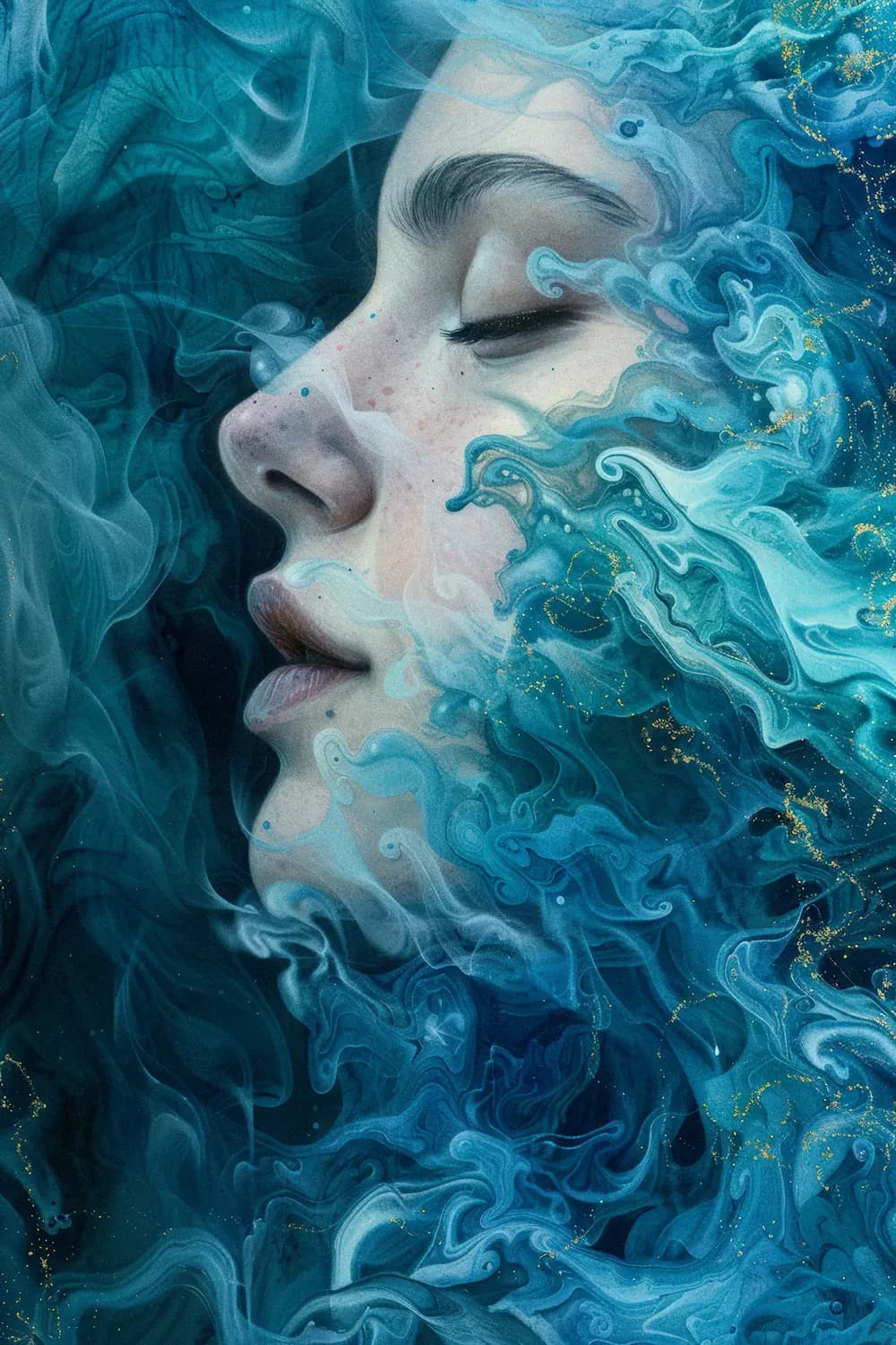 Visage de femme fondu dans les vagues turquoise