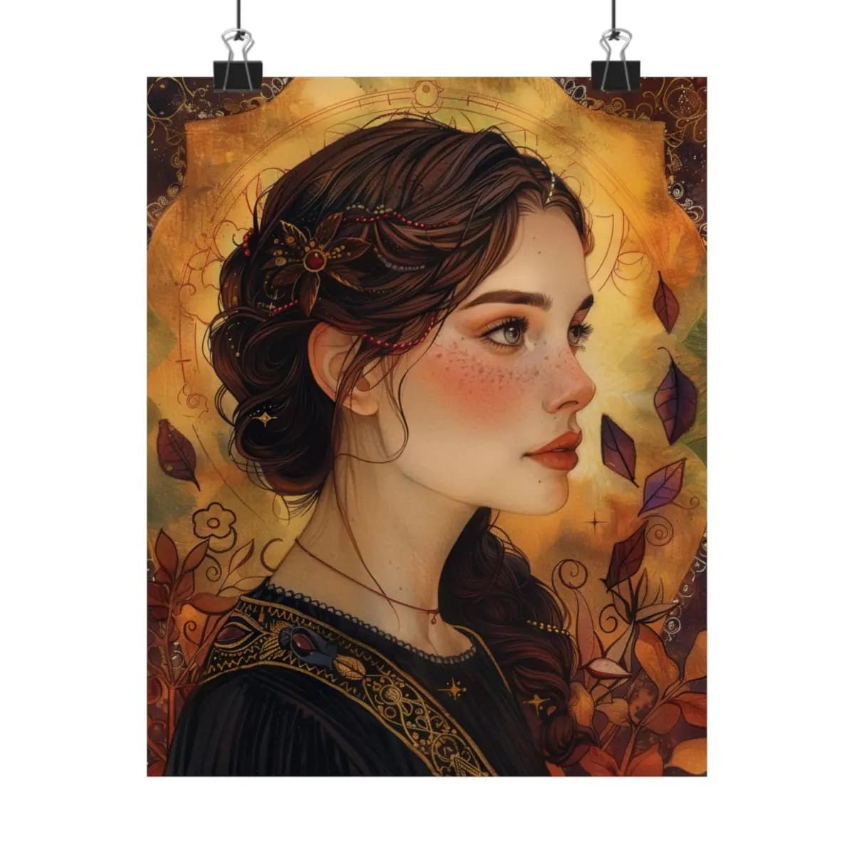 Portrait of a Woman Among Golden Autumn Leaves - Matte Vertical Posters mockup angle 1