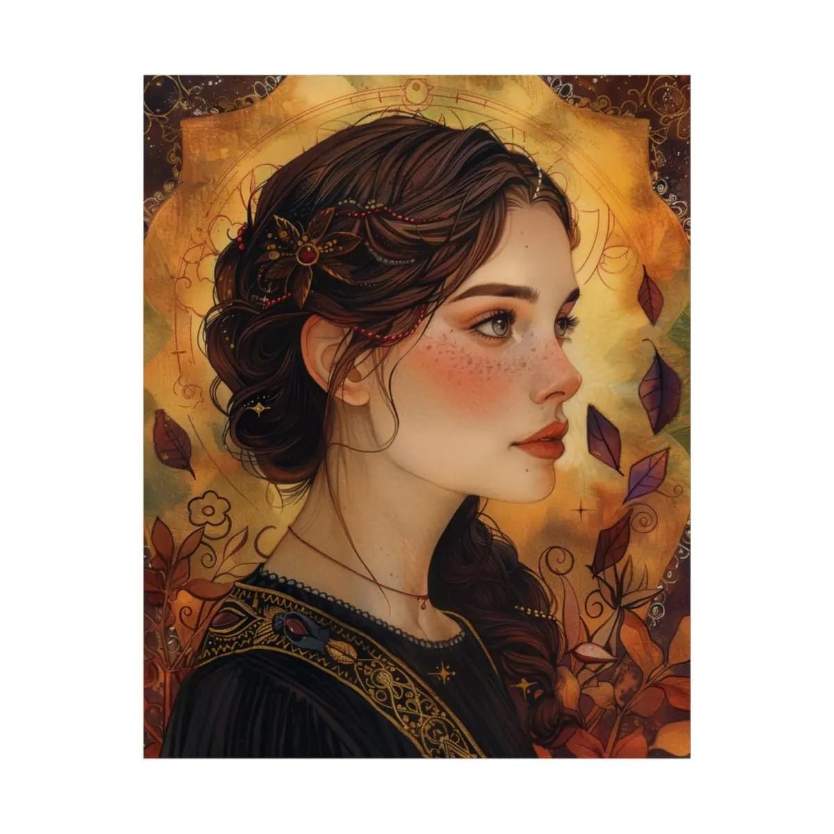 Portrait of a Woman Among Golden Autumn Leaves - Matte Vertical Posters mockup angle 2