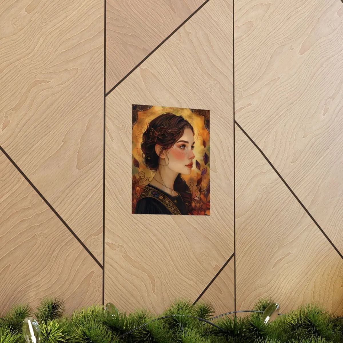 Portrait of a Woman Among Golden Autumn Leaves - Matte Vertical Posters mockup angle 5
