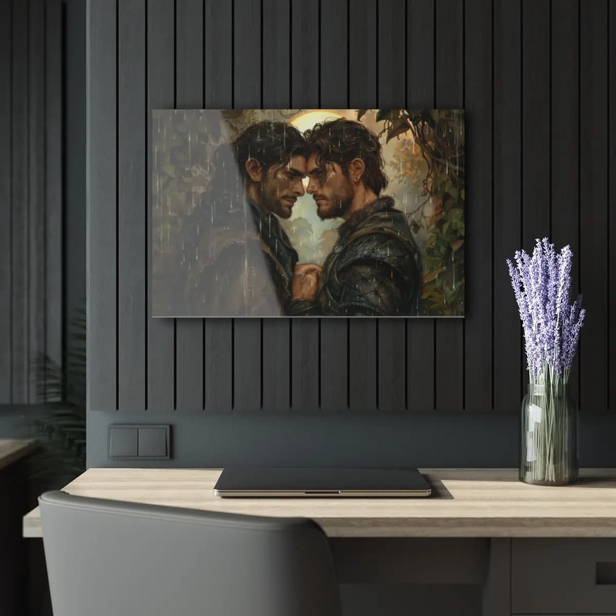 Two Warriors Face to Face in the Rain - Acrylic Prints (French Cleat Hanging) mockup angle 5