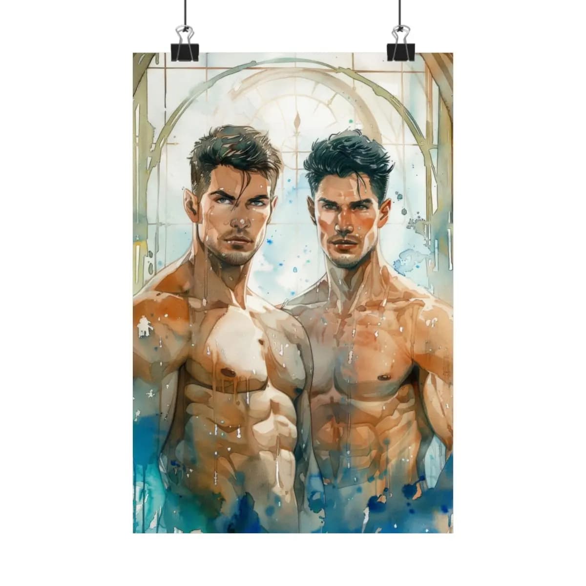 Two Athletic Men Beneath a Luminous Arch - Matte Vertical Posters mockup angle 1