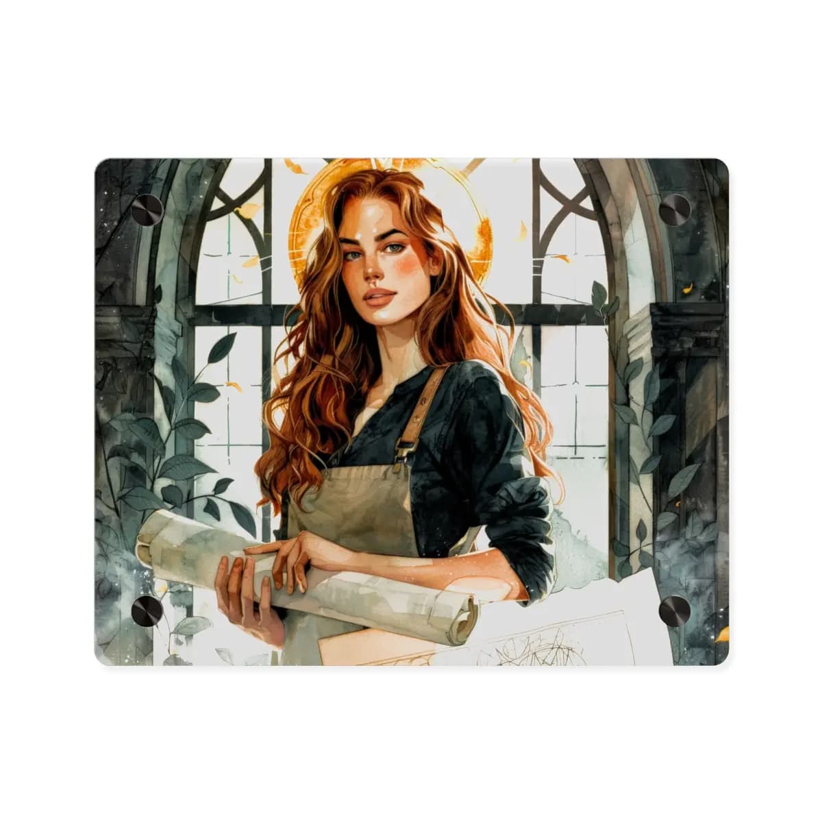 The Blueprint Keeper Beneath the Golden Arch - Acrylic Wall Art Panels mockup angle 1