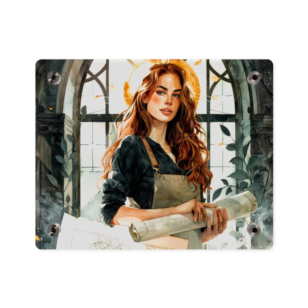 The Blueprint Keeper Beneath the Golden Arch - Acrylic Wall Art Panels mockup angle 2