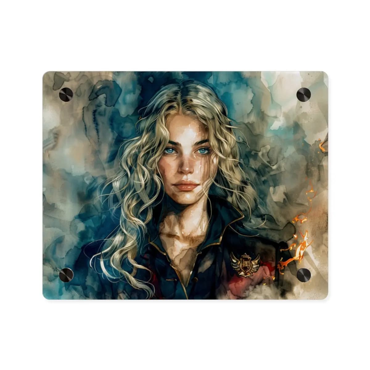 Sapphire-Eyed Warrior Amid Smoke and Flame - Acrylic Wall Art Panels mockup angle 1