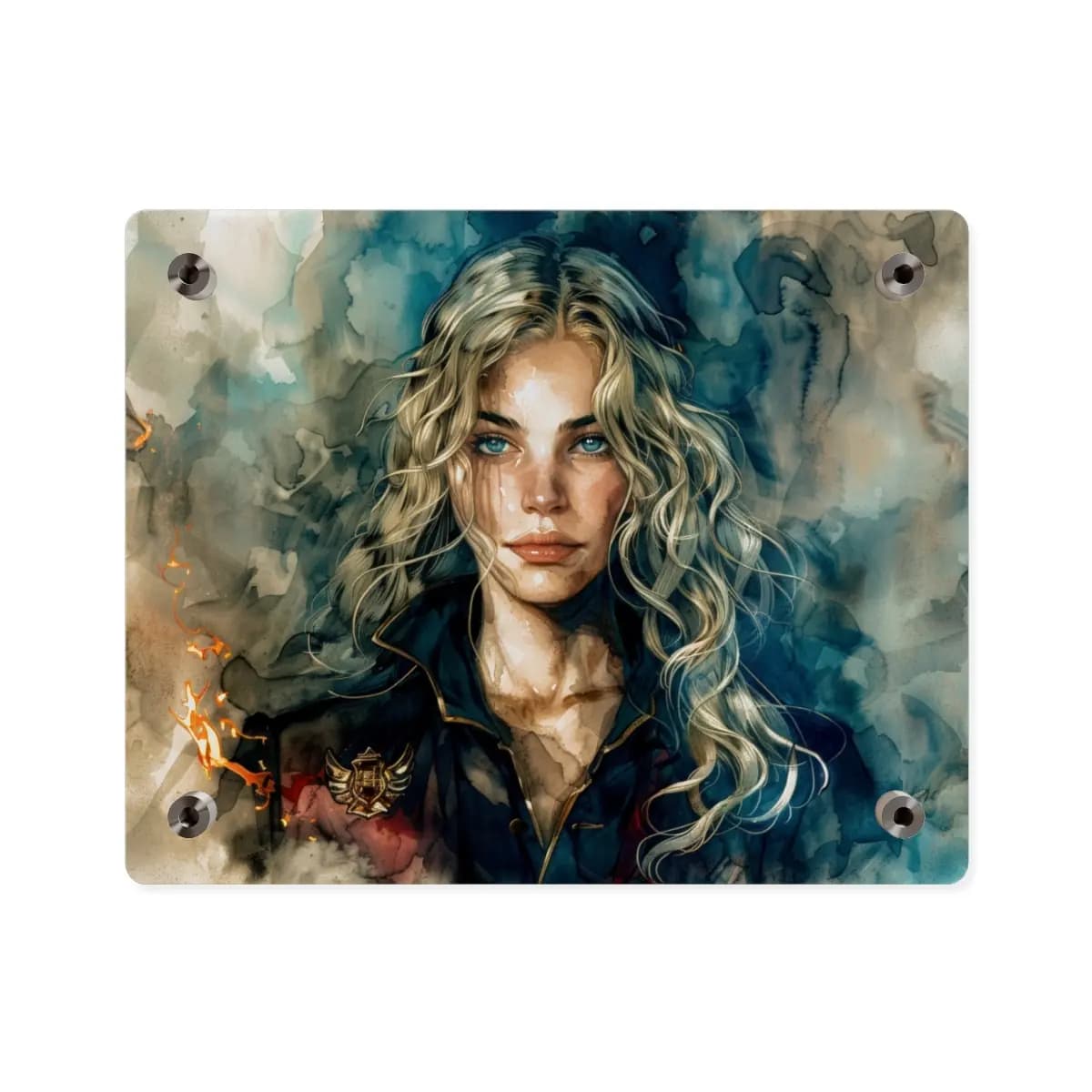 Sapphire-Eyed Warrior Amid Smoke and Flame - Acrylic Wall Art Panels mockup angle 2