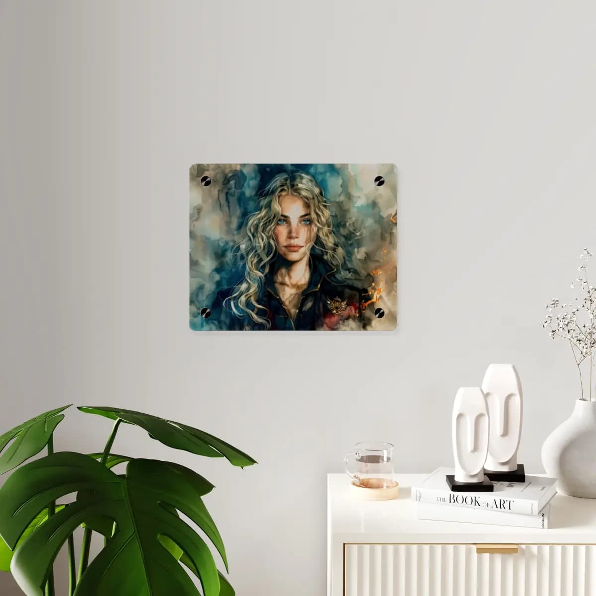 Sapphire-Eyed Warrior Amid Smoke and Flame - Acrylic Wall Art Panels mockup angle 3