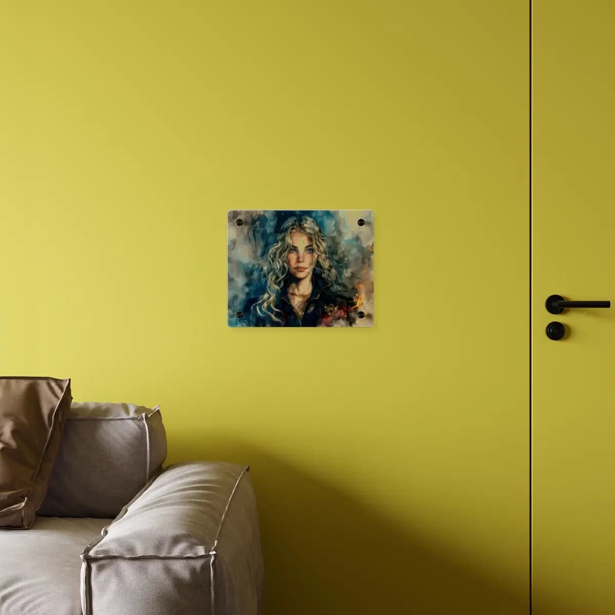 Sapphire-Eyed Warrior Amid Smoke and Flame - Acrylic Wall Art Panels mockup angle 4