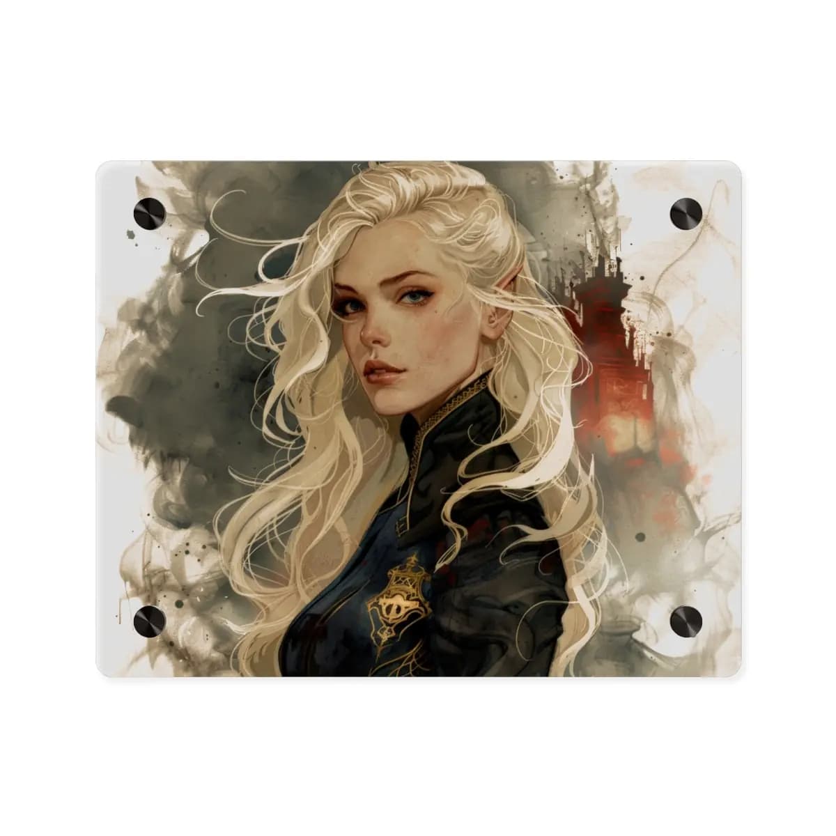 Platinum Elven Noble Before a Burning Castle - Acrylic Wall Art Panels mockup angle 1