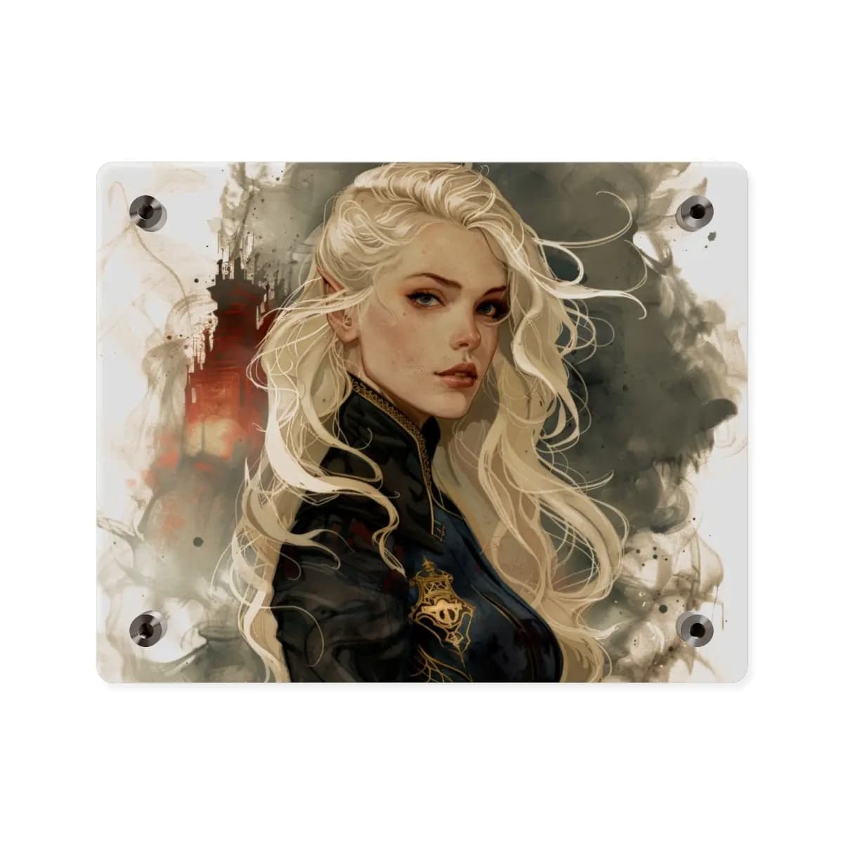 Platinum Elven Noble Before a Burning Castle - Acrylic Wall Art Panels mockup angle 2