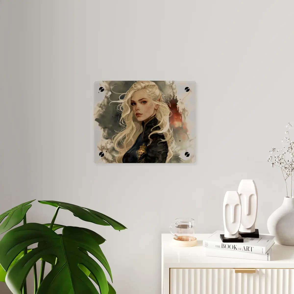 Platinum Elven Noble Before a Burning Castle - Acrylic Wall Art Panels mockup angle 3