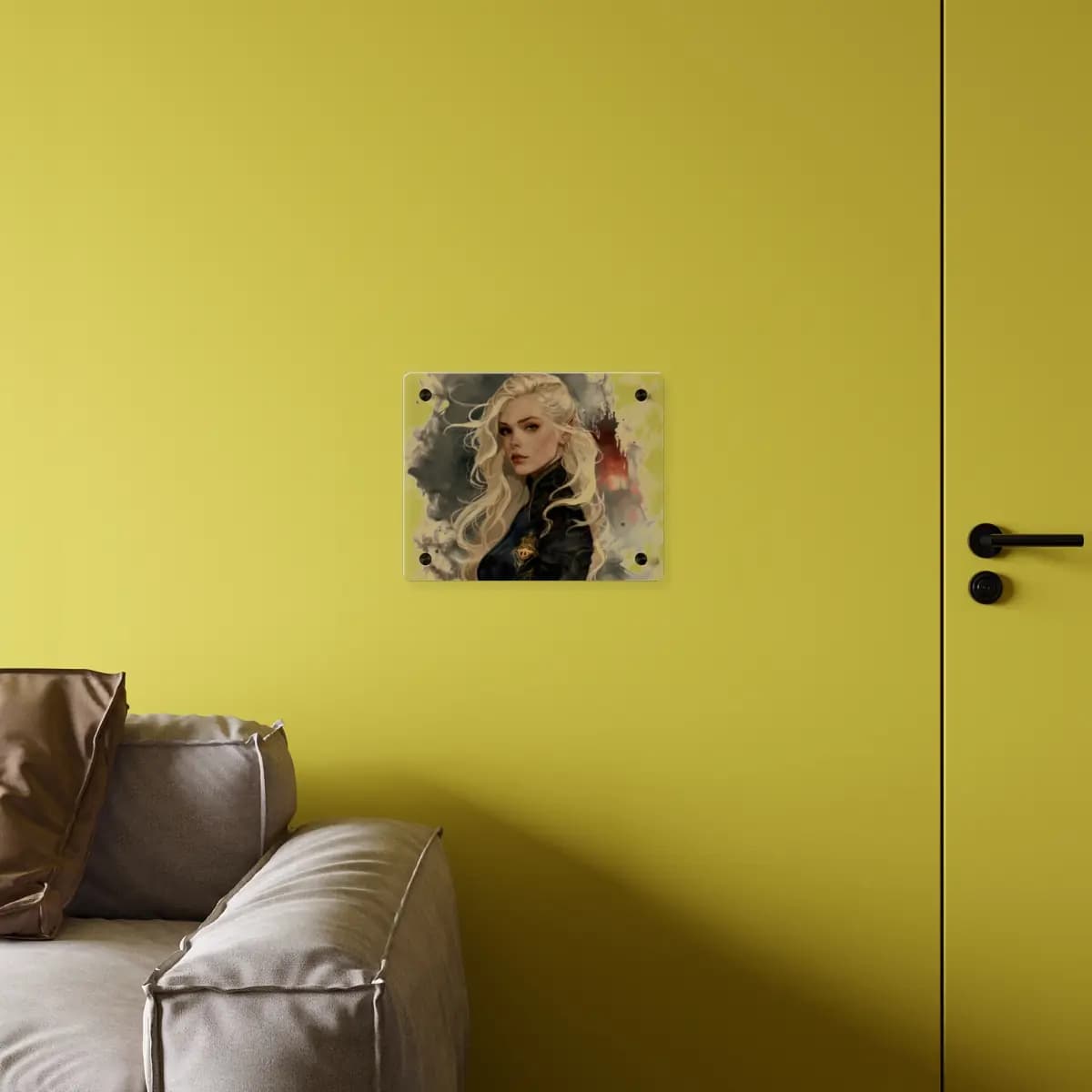 Platinum Elven Noble Before a Burning Castle - Acrylic Wall Art Panels mockup angle 4