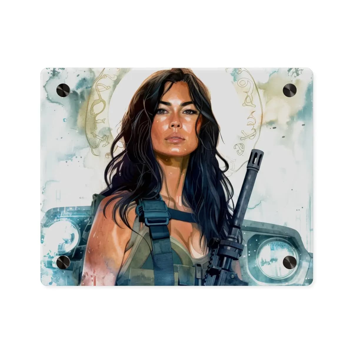 Sacred Warrior Beneath a Glowing Halo - Acrylic Wall Art Panels mockup angle 1