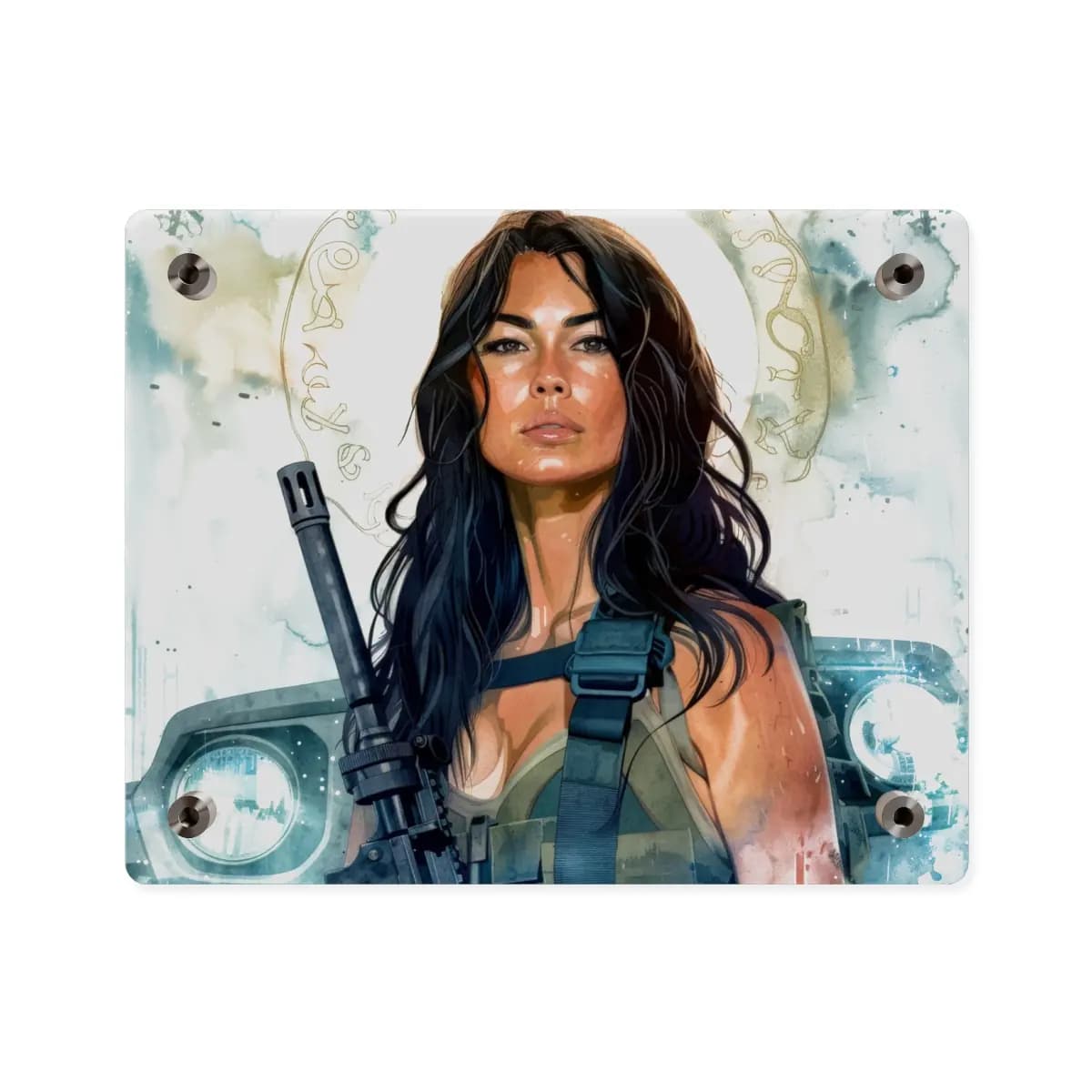 Sacred Warrior Beneath a Glowing Halo - Acrylic Wall Art Panels mockup angle 2