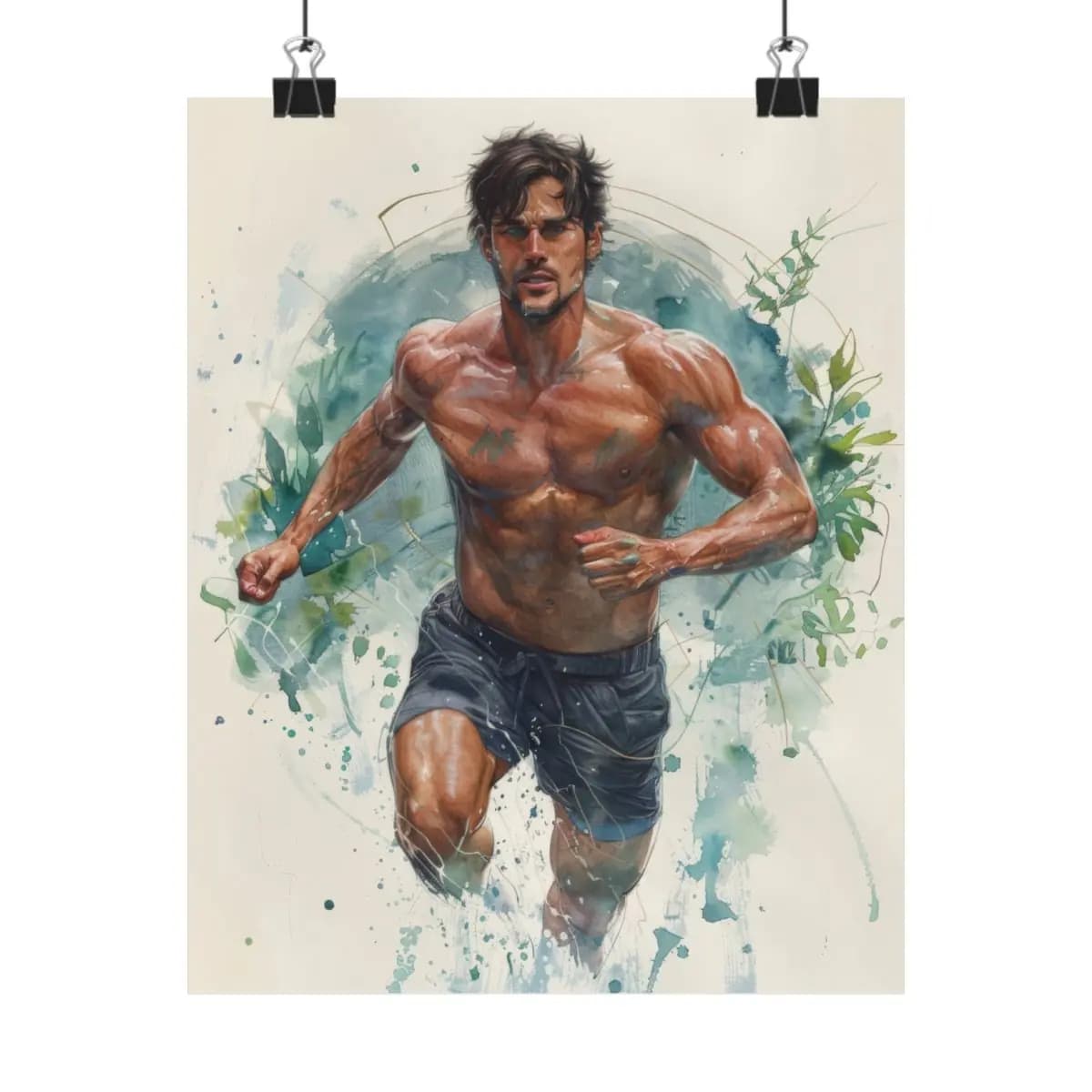 Athletic Runner Surging Forward in Watercolor - Matte Vertical Posters mockup angle 1
